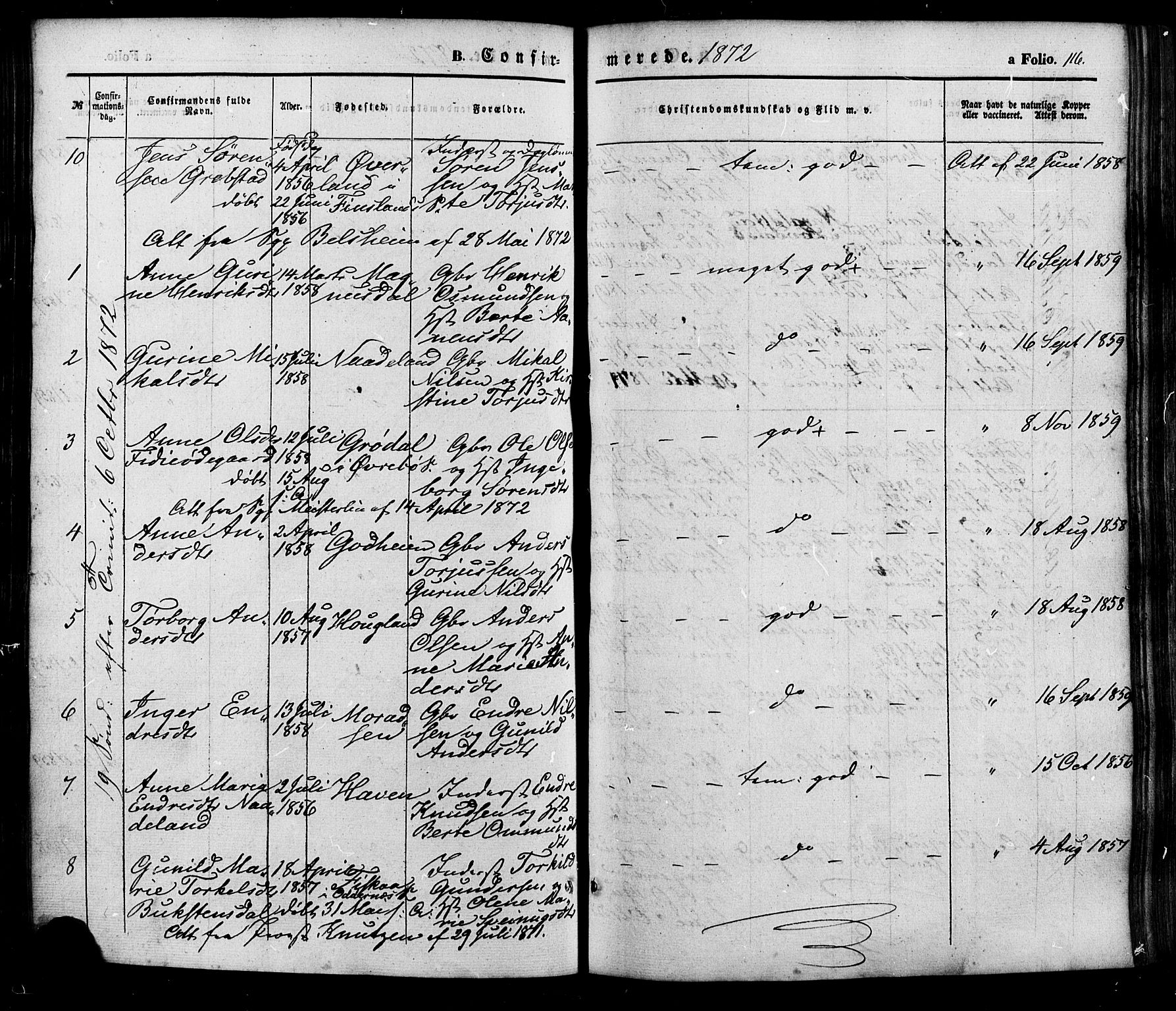 Søgne sokneprestkontor, SAK/1111-0037/F/Fa/Faa/L0002: Parish register (official) no. A 2, 1854-1882, p. 116