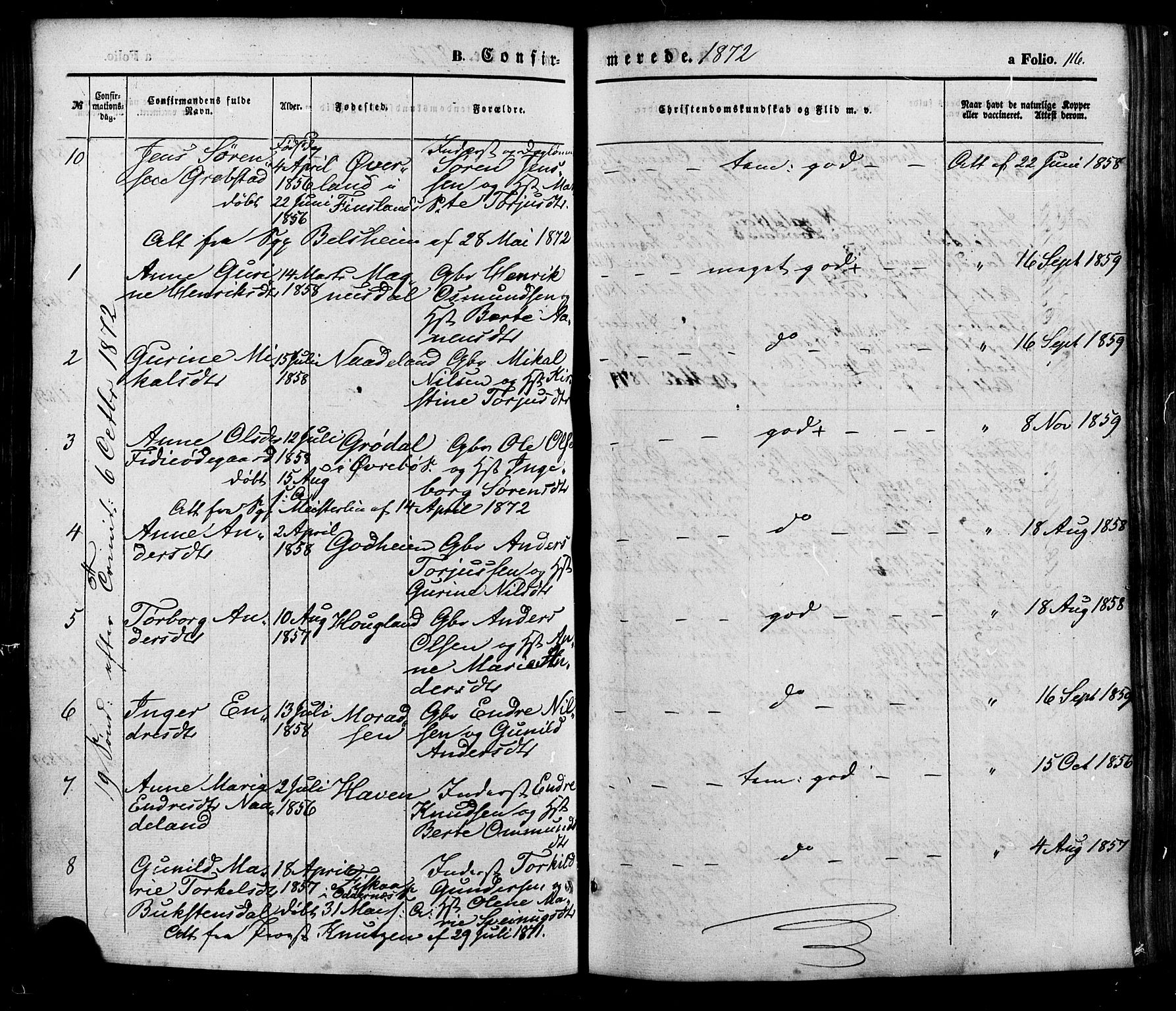 Søgne sokneprestkontor, AV/SAK-1111-0037/F/Fa/Faa/L0002: Parish register (official) no. A 2, 1854-1882, p. 116