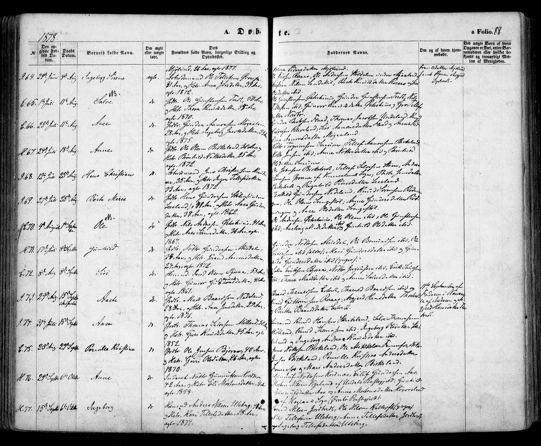 Evje sokneprestkontor, AV/SAK-1111-0008/F/Fa/Faa/L0006: Parish register (official) no. A 6, 1866-1884, p. 88