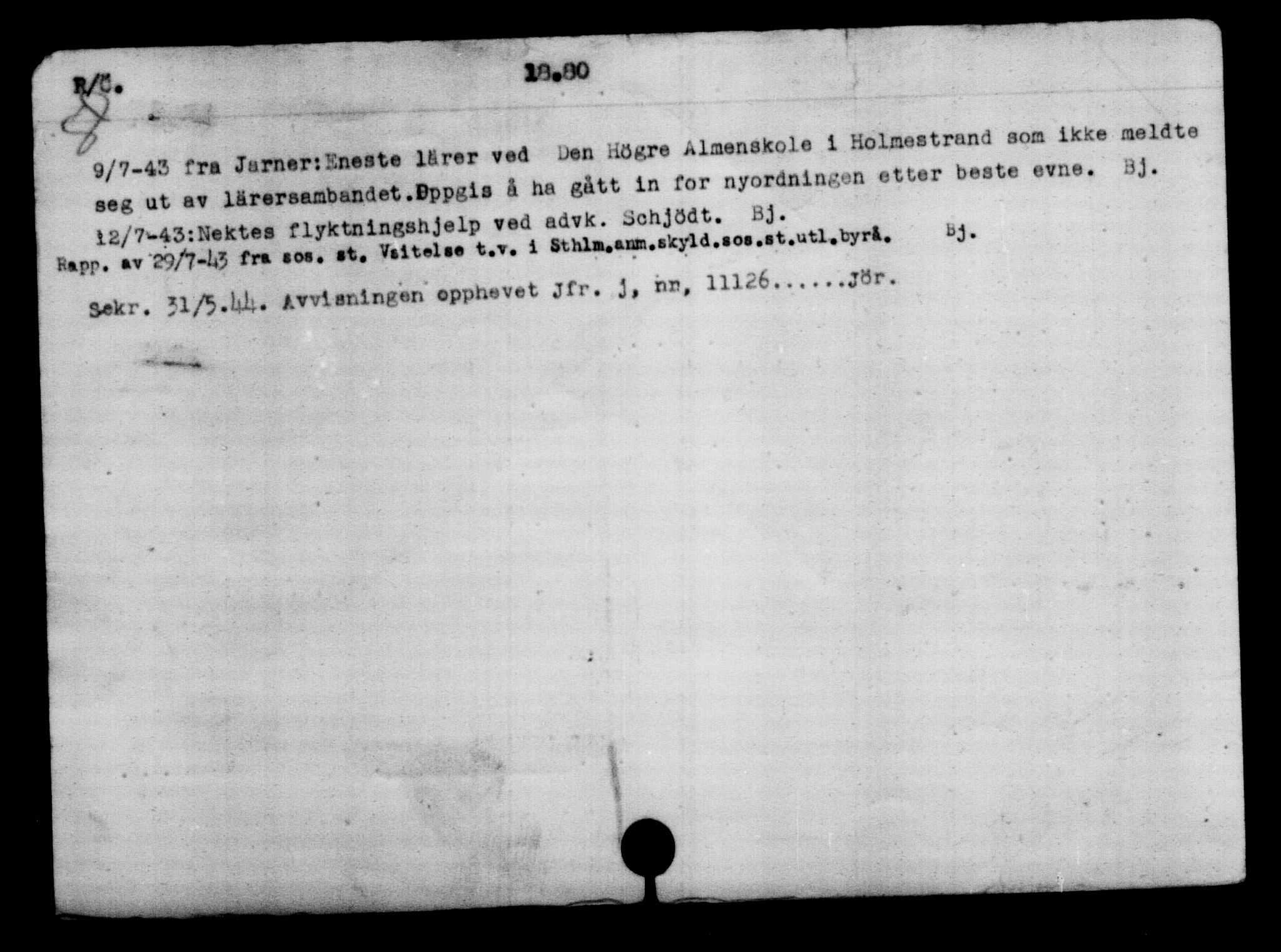 Utenriksstasjonene, Legasjonen i Stockholm, Flyktningkontoret, AV/RA-S-6753/V/Va/L0008: Kjesäterkartoteket, flyktninger med registreringsnr. 15700-18547, 1940-1945, p. 2816