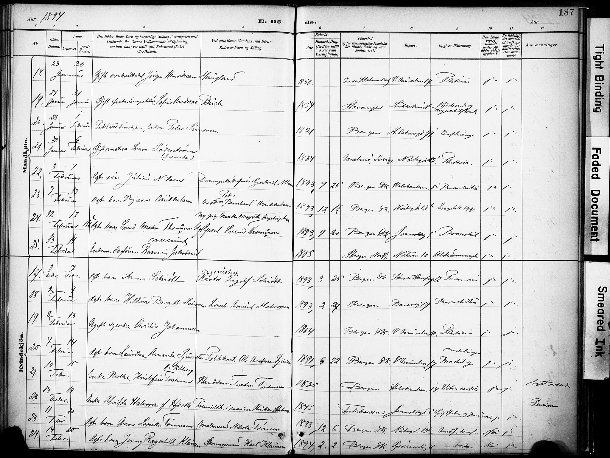 Domkirken sokneprestembete, AV/SAB-A-74801/H/Haa/L0043: Parish register (official) no. E 5, 1882-1904, p. 187