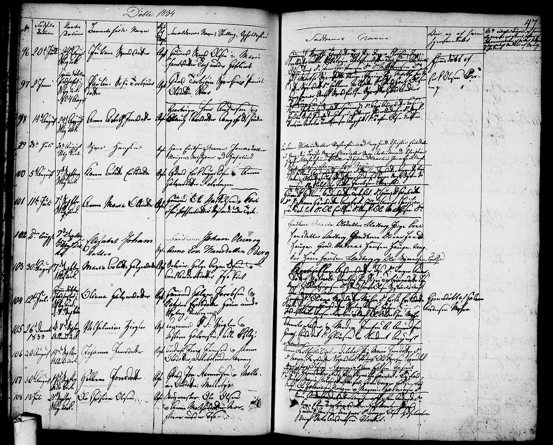 Skjeberg prestekontor Kirkebøker, AV/SAO-A-10923/F/Fa/L0005: Parish register (official) no. I 5, 1830-1845, p. 47