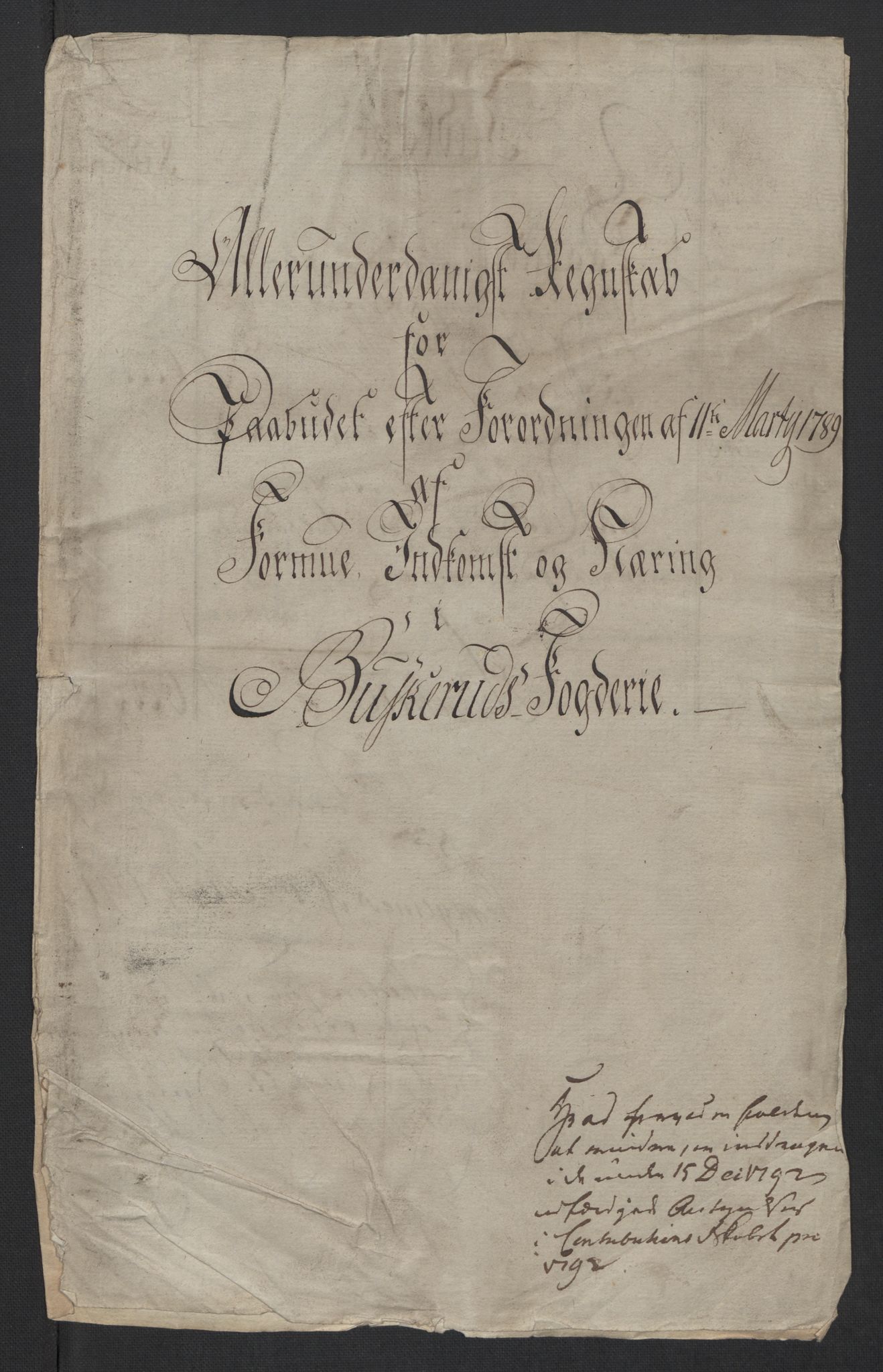 Rentekammeret inntil 1814, Reviderte regnskaper, Mindre regnskaper, RA/EA-4068/Rf/Rfe/L0004: Bragernes. Buskerud fogderi, 1789, p. 129