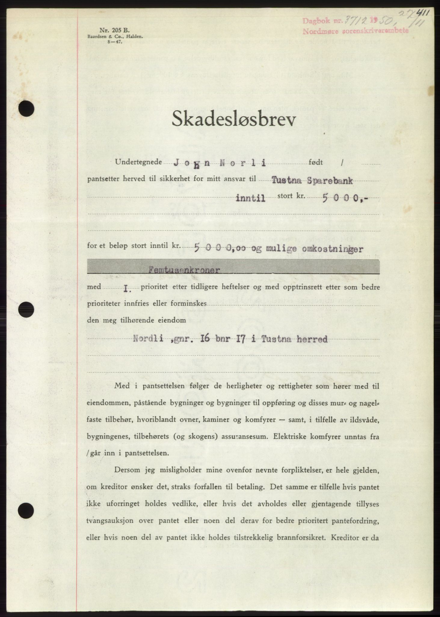 Nordmøre sorenskriveri, AV/SAT-A-4132/1/2/2Ca: Mortgage book no. B106, 1950-1950, Diary no: : 3712/1950