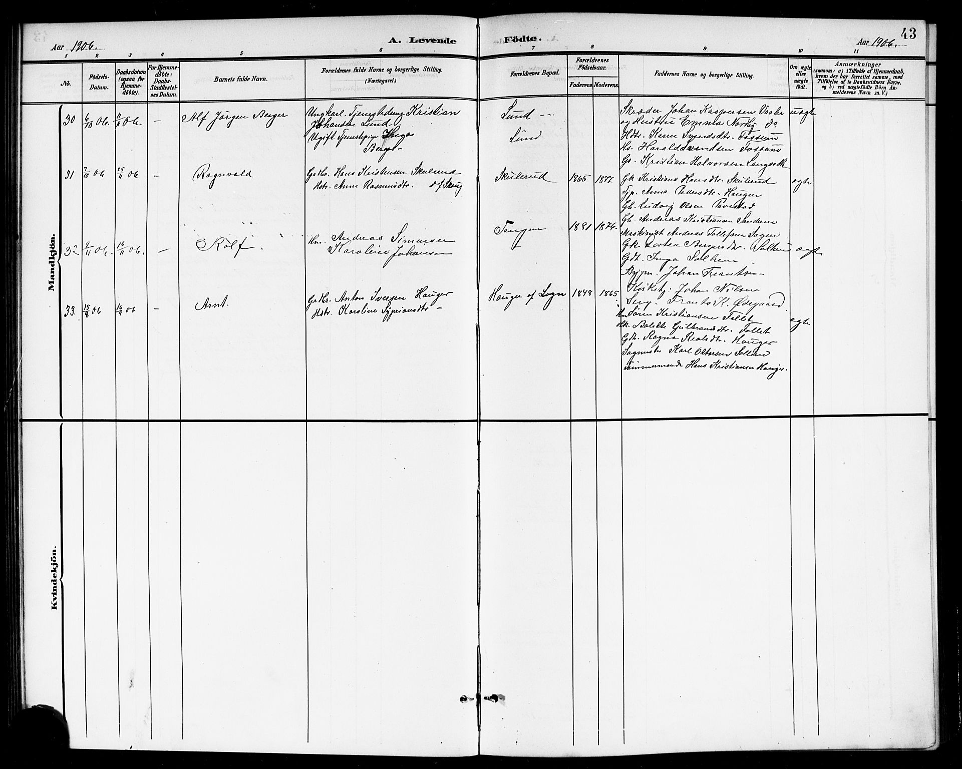 Høland prestekontor Kirkebøker, AV/SAO-A-10346a/G/Gb/L0001: Parish register (copy) no. II 1, 1902-1919, p. 43