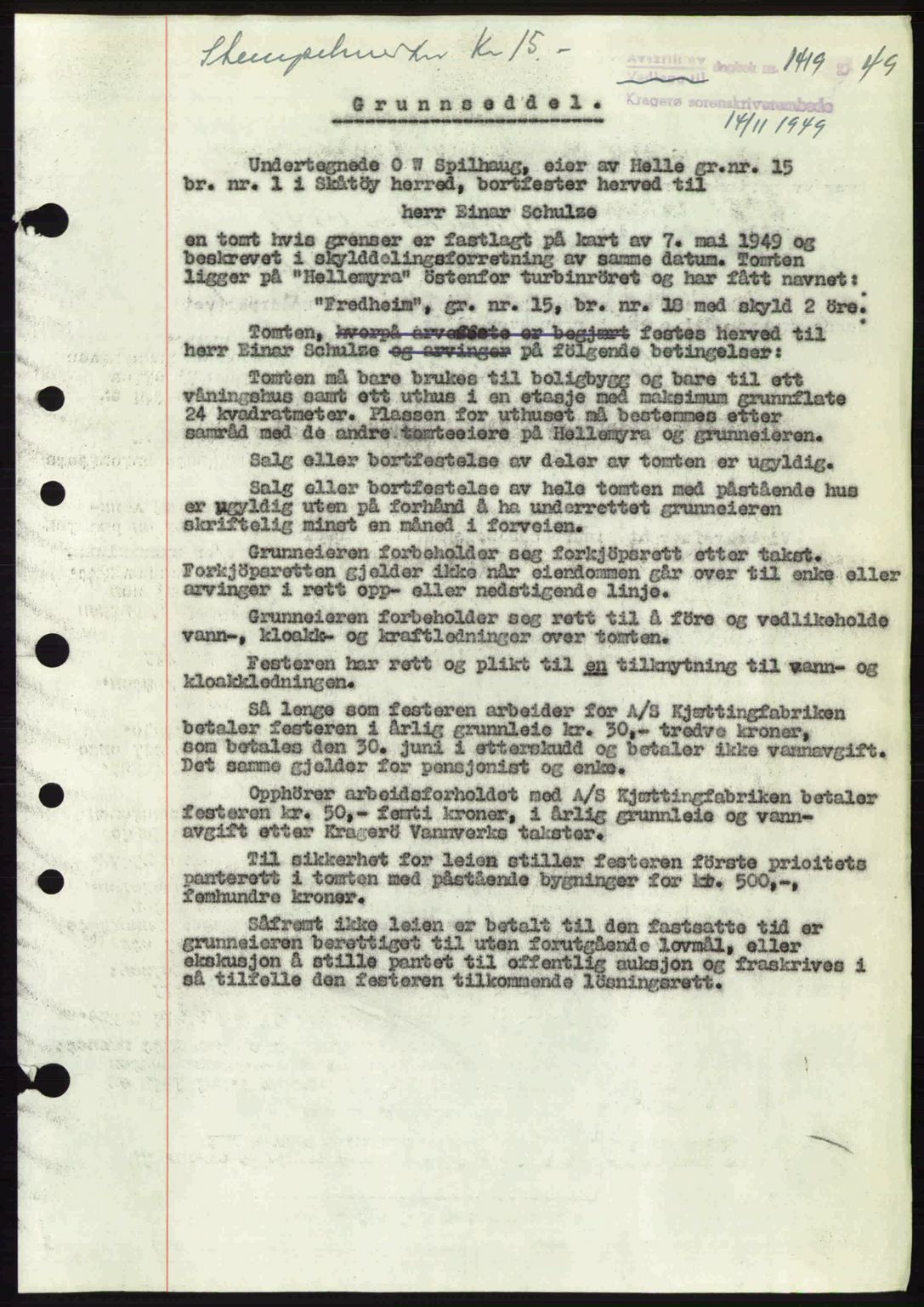 Kragerø sorenskriveri, AV/SAKO-A-65/G/Ga/Gac/L0003: Mortgage book no. A-3, 1949-1950, Diary no: : 1419/1949