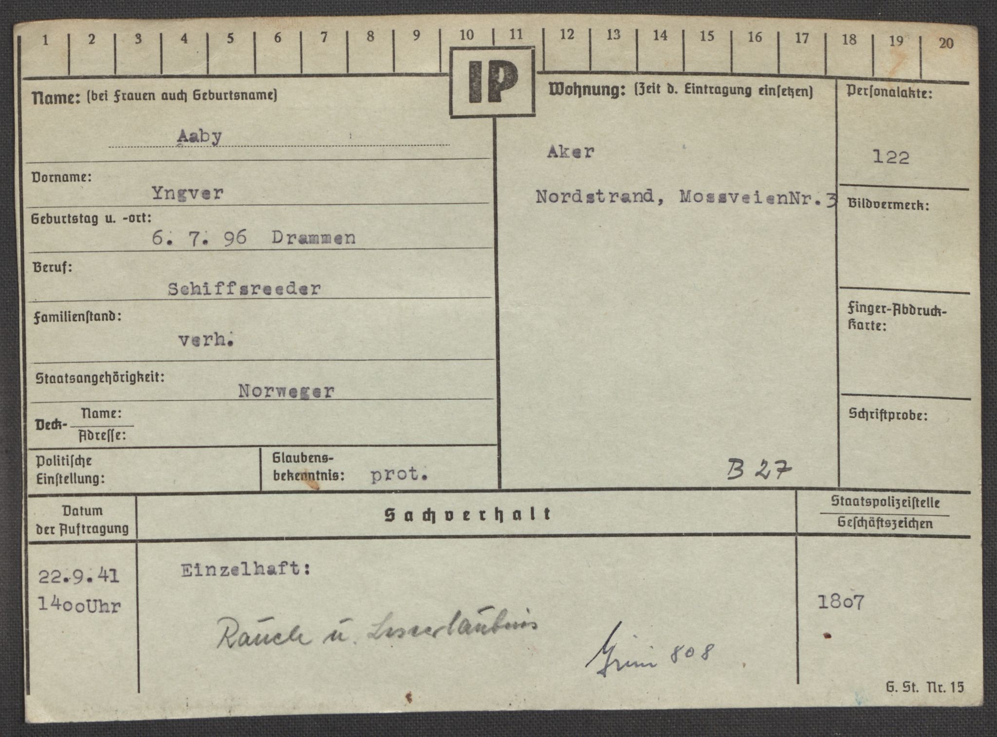 Befehlshaber der Sicherheitspolizei und des SD, RA/RAFA-5969/E/Ea/Eaa/L0010: Register over norske fanger i Møllergata 19: Sø-Å, 1940-1945, p. 1376