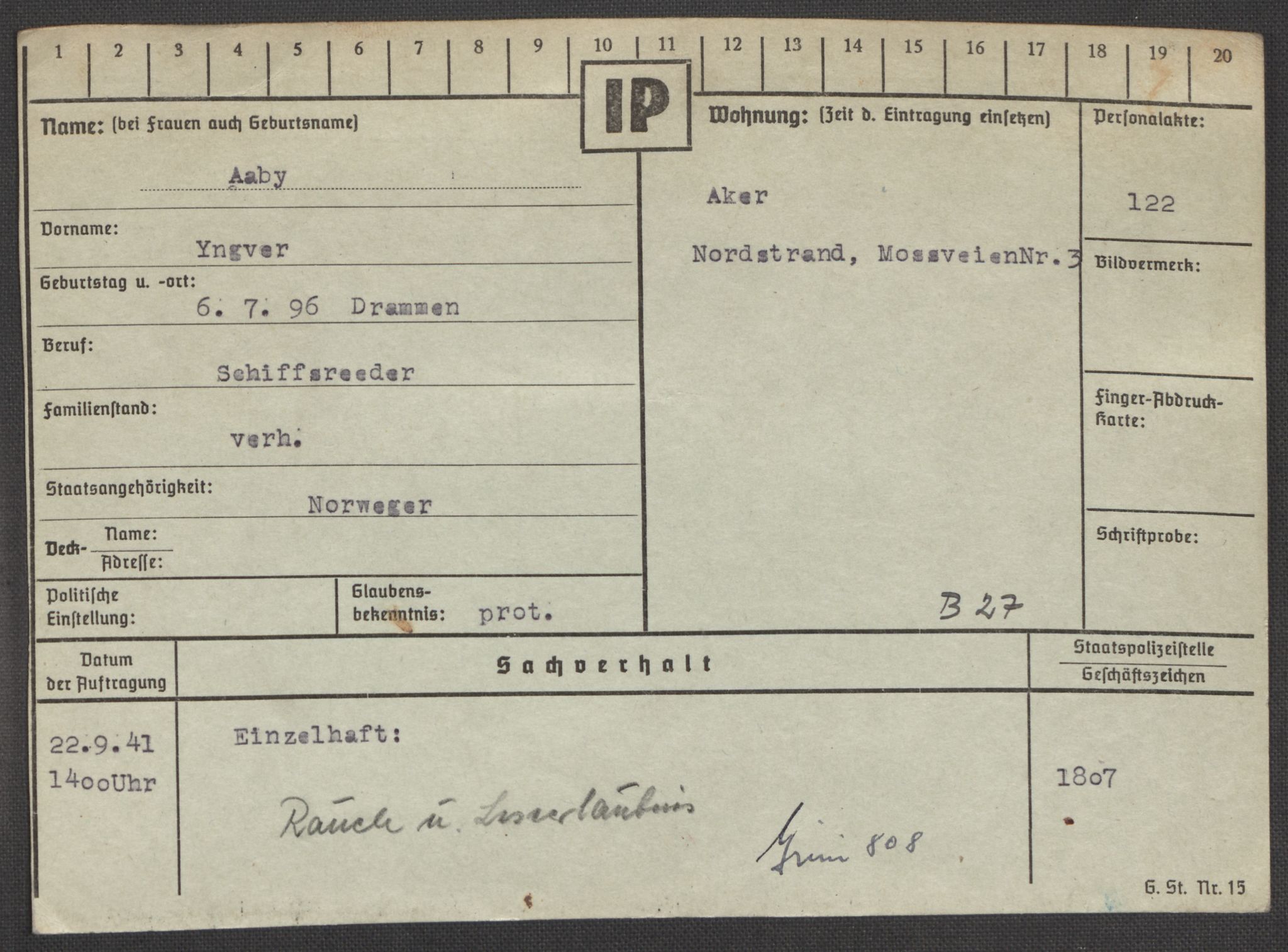 Befehlshaber der Sicherheitspolizei und des SD, AV/RA-RAFA-5969/E/Ea/Eaa/L0010: Register over norske fanger i Møllergata 19: Sø-Å, 1940-1945, p. 1376