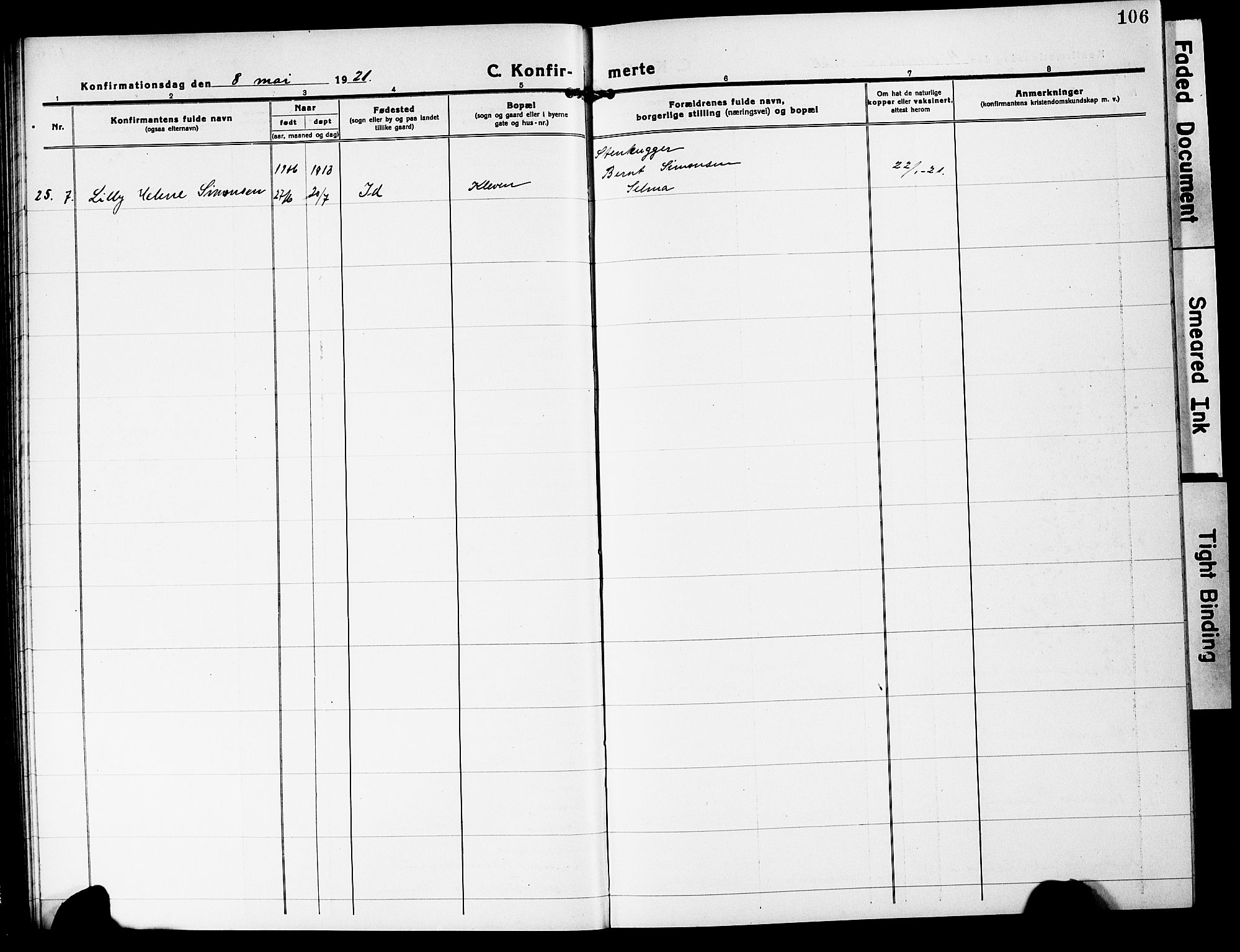 Mandal sokneprestkontor, SAK/1111-0030/F/Fb/Fbc/L0001: Parish register (copy) no. B 1, 1918-1931, p. 106