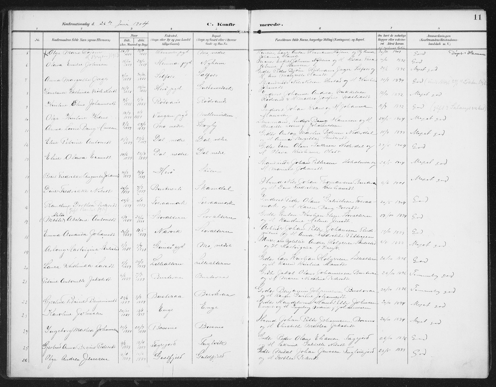 Ministerialprotokoller, klokkerbøker og fødselsregistre - Nordland, AV/SAT-A-1459/827/L0403: Parish register (official) no. 827A15, 1903-1912, p. 11