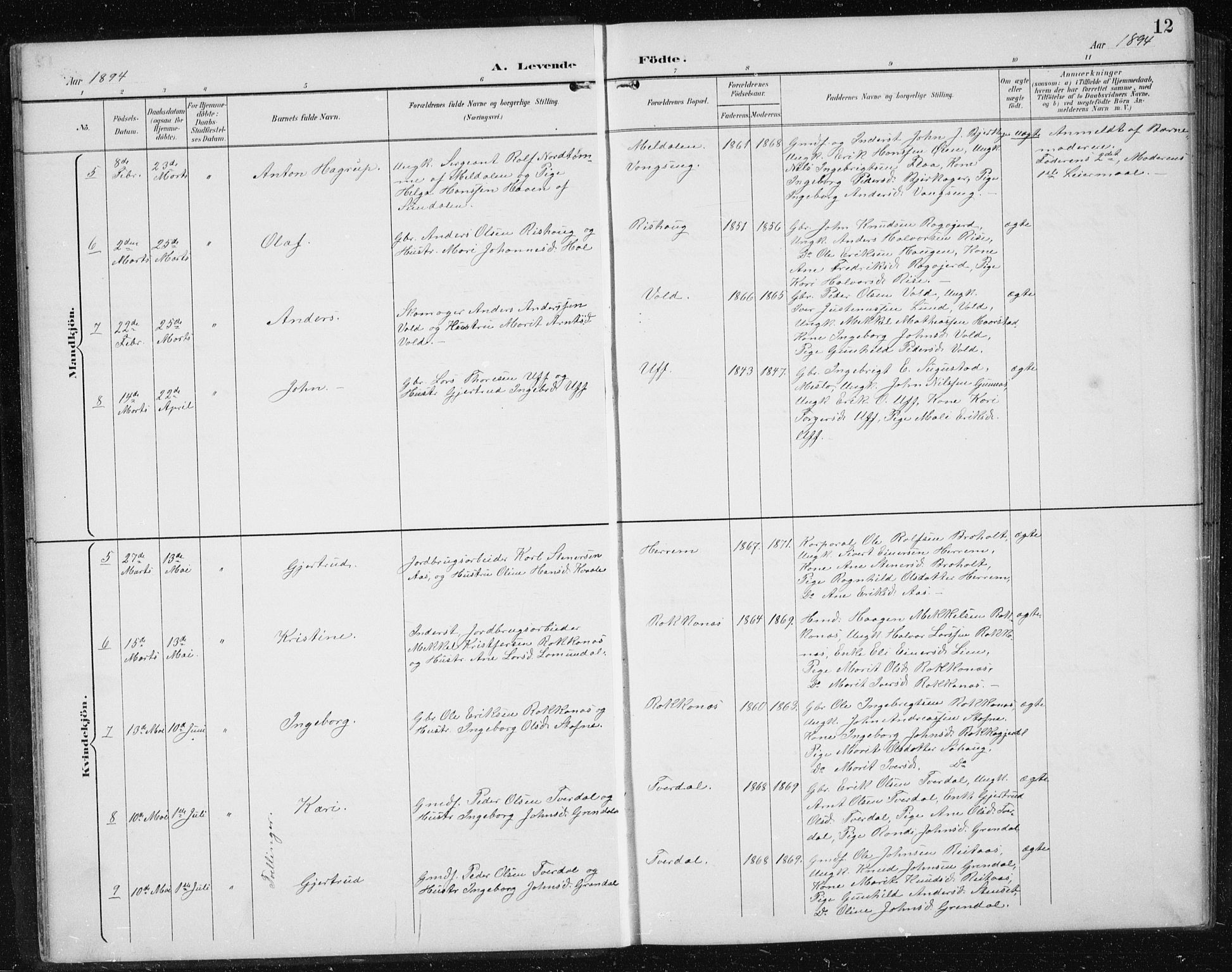Ministerialprotokoller, klokkerbøker og fødselsregistre - Sør-Trøndelag, SAT/A-1456/674/L0876: Parish register (copy) no. 674C03, 1892-1912, p. 12