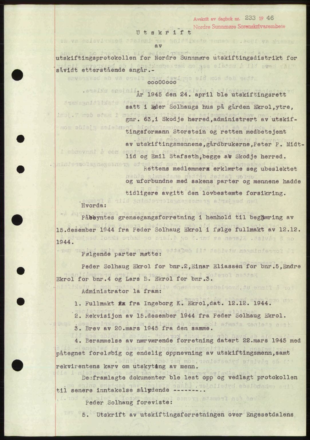 Nordre Sunnmøre sorenskriveri, AV/SAT-A-0006/1/2/2C/2Ca: Mortgage book no. A20b, 1946-1946, Diary no: : 233/1946