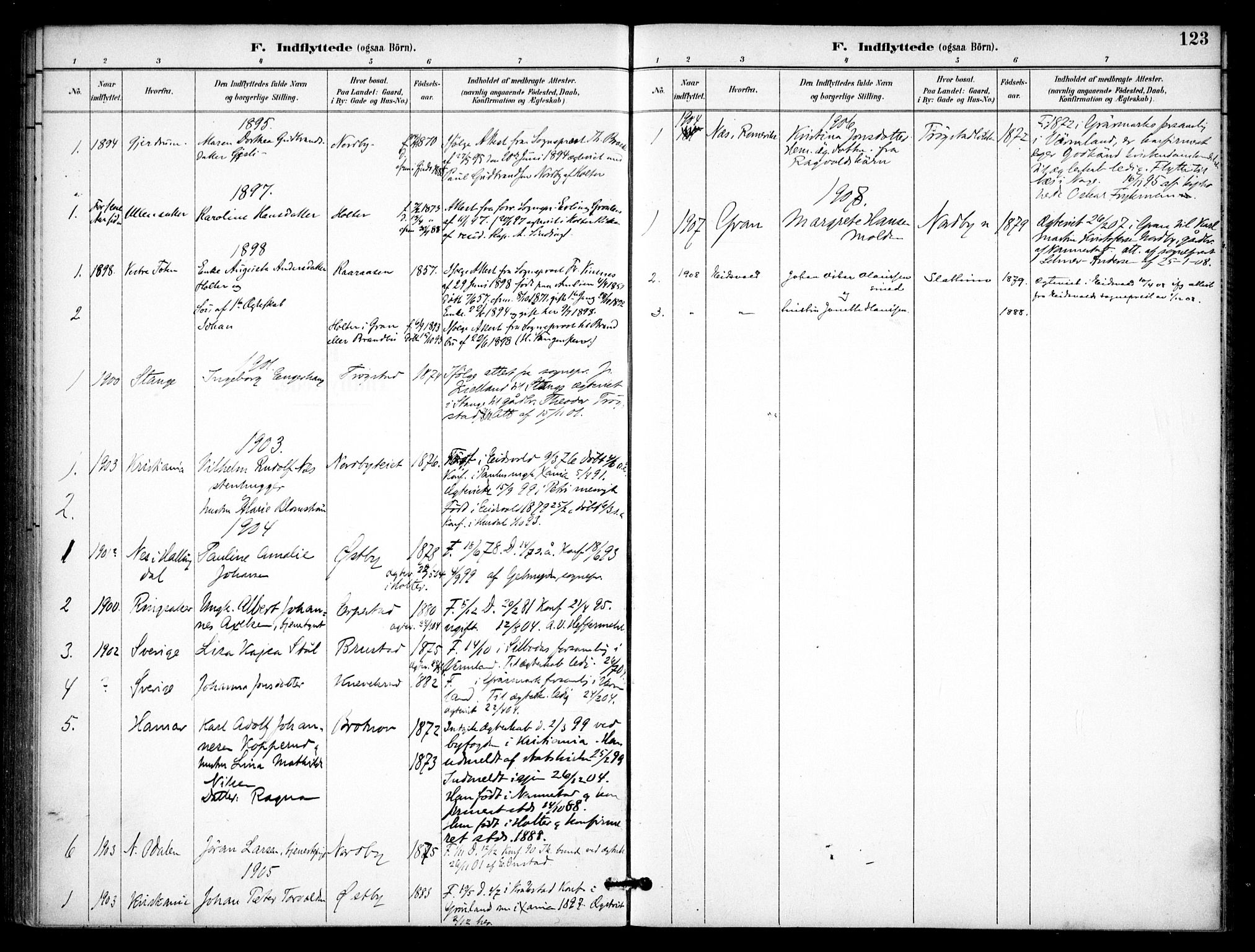 Nannestad prestekontor Kirkebøker, AV/SAO-A-10414a/F/Fb/L0002: Parish register (official) no. II 2, 1891-1909, p. 123