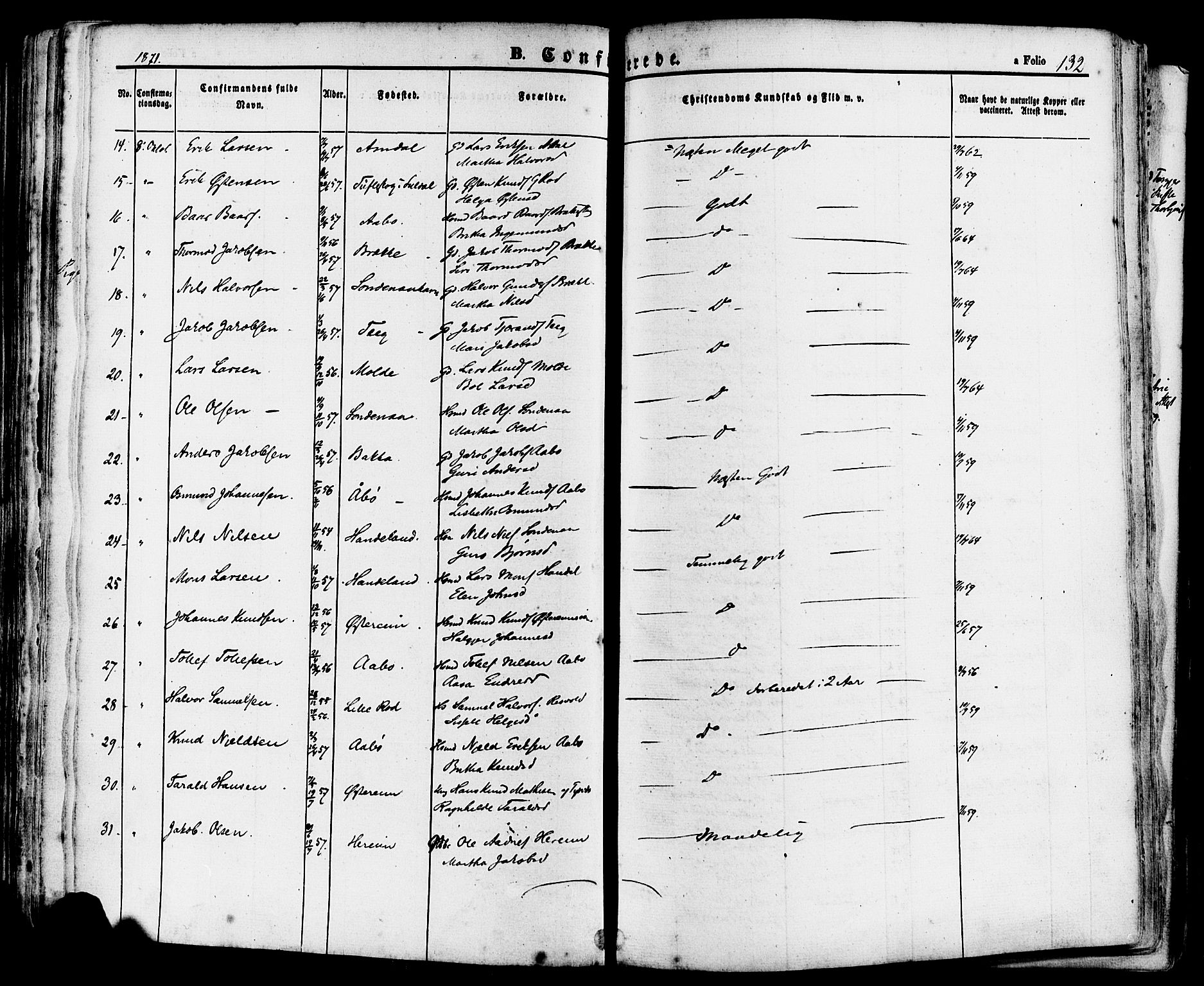 Sand sokneprestkontor, AV/SAST-A-101848/01/III/L0004: Parish register (official) no. A 4, 1859-1880, p. 132