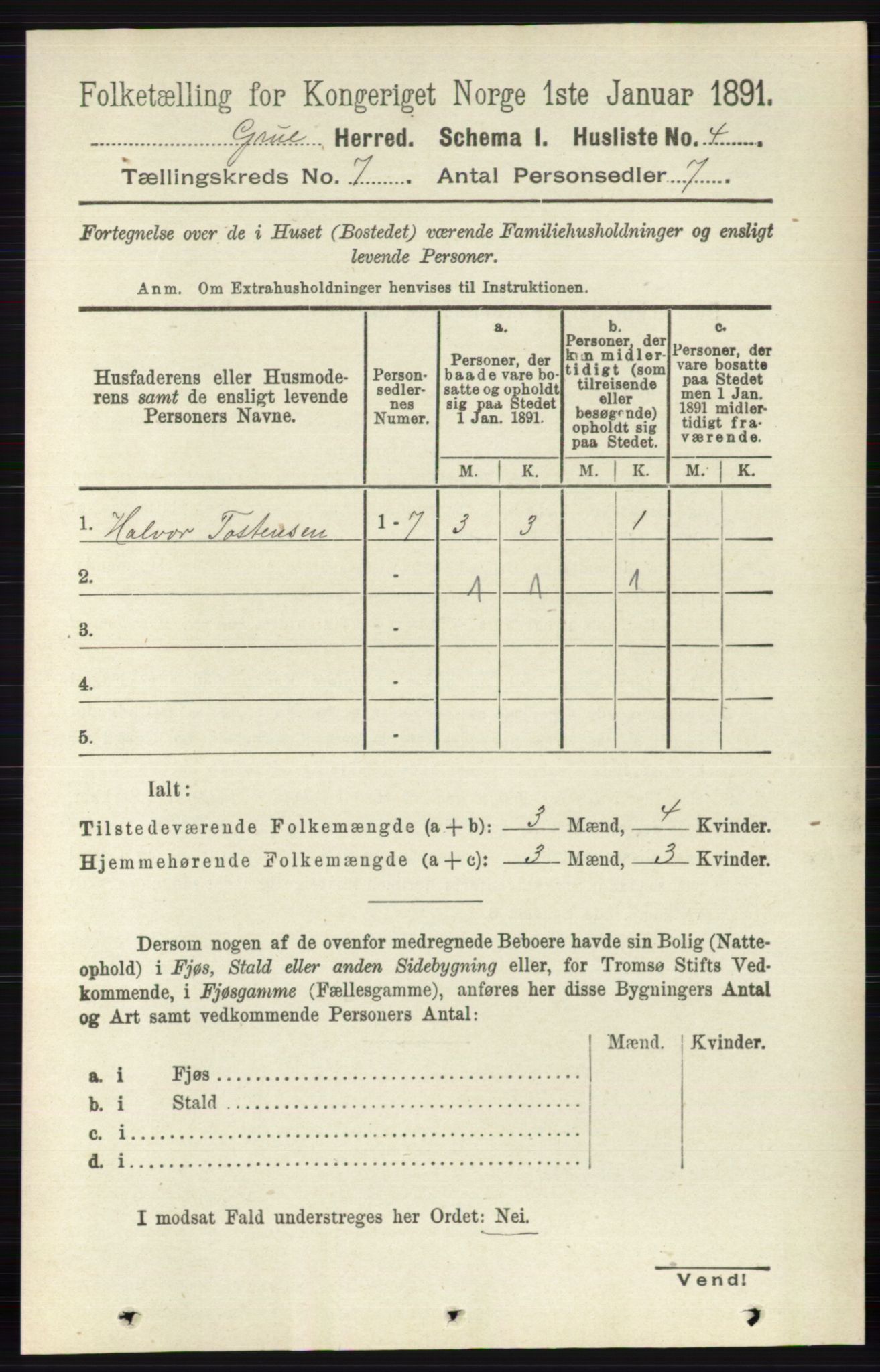 RA, 1891 census for 0423 Grue, 1891, p. 3452