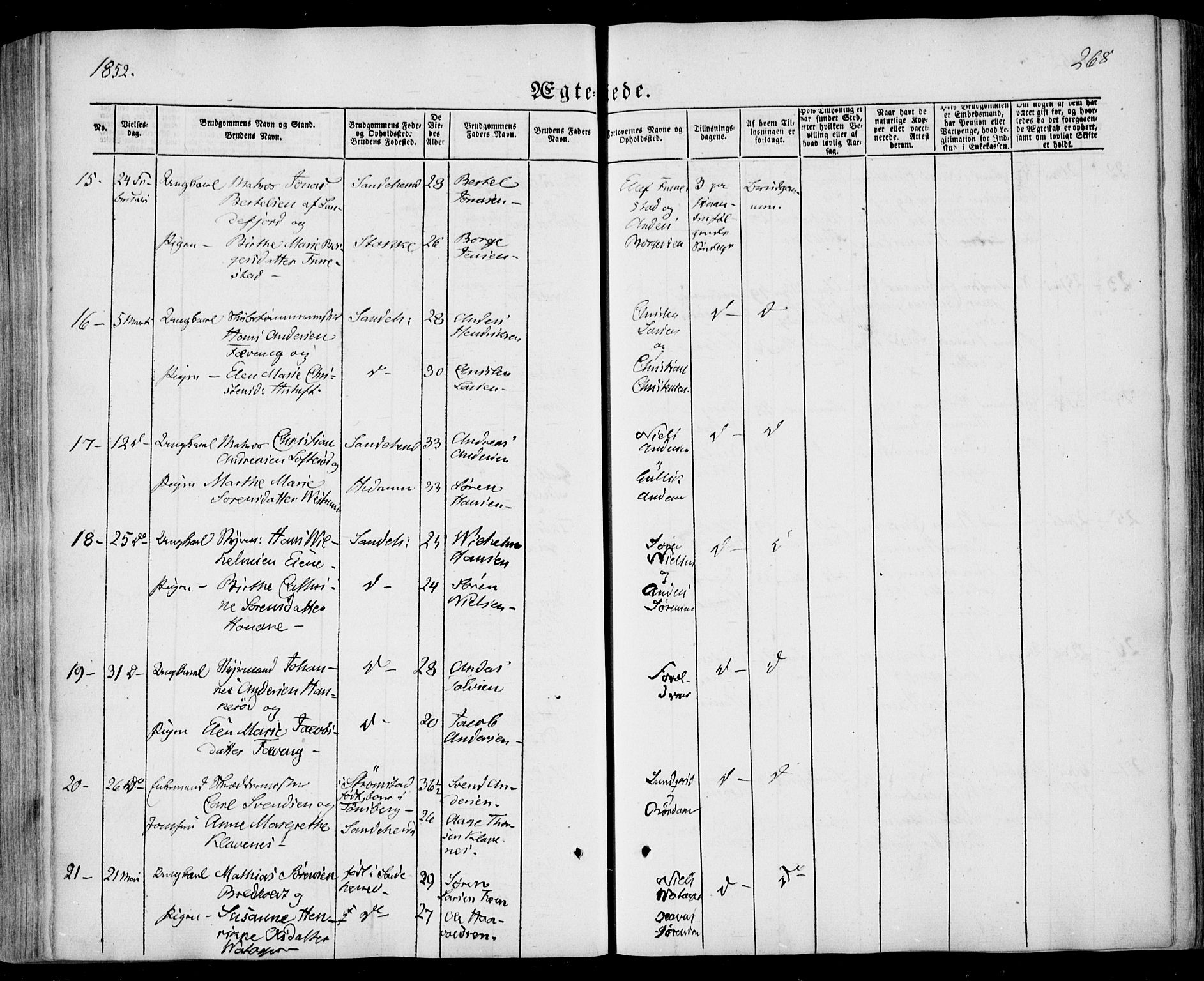 Sandar kirkebøker, SAKO/A-243/F/Fa/L0006: Parish register (official) no. 6, 1847-1860, p. 268