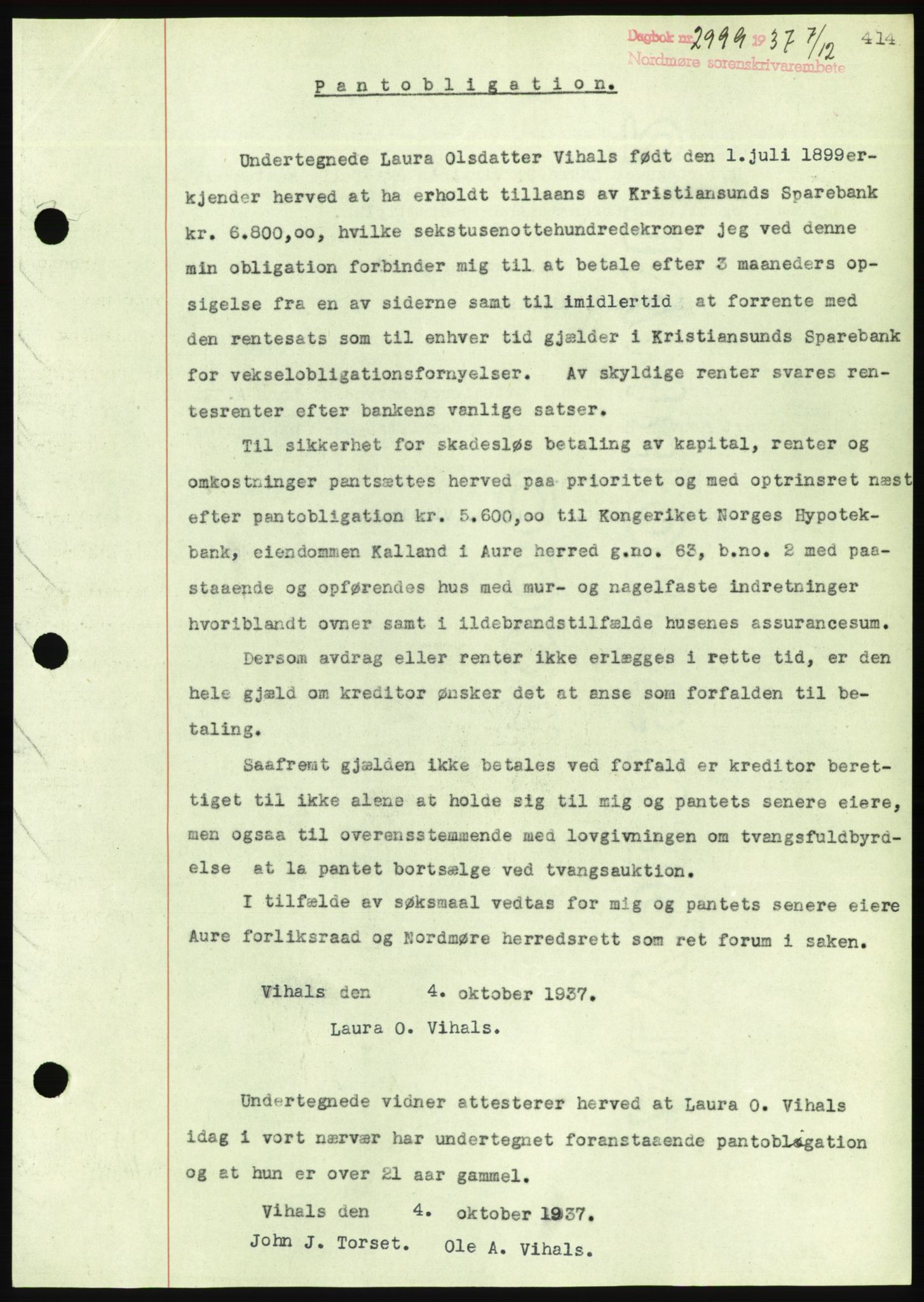 Nordmøre sorenskriveri, AV/SAT-A-4132/1/2/2Ca/L0092: Mortgage book no. B82, 1937-1938, Diary no: : 2999/1937