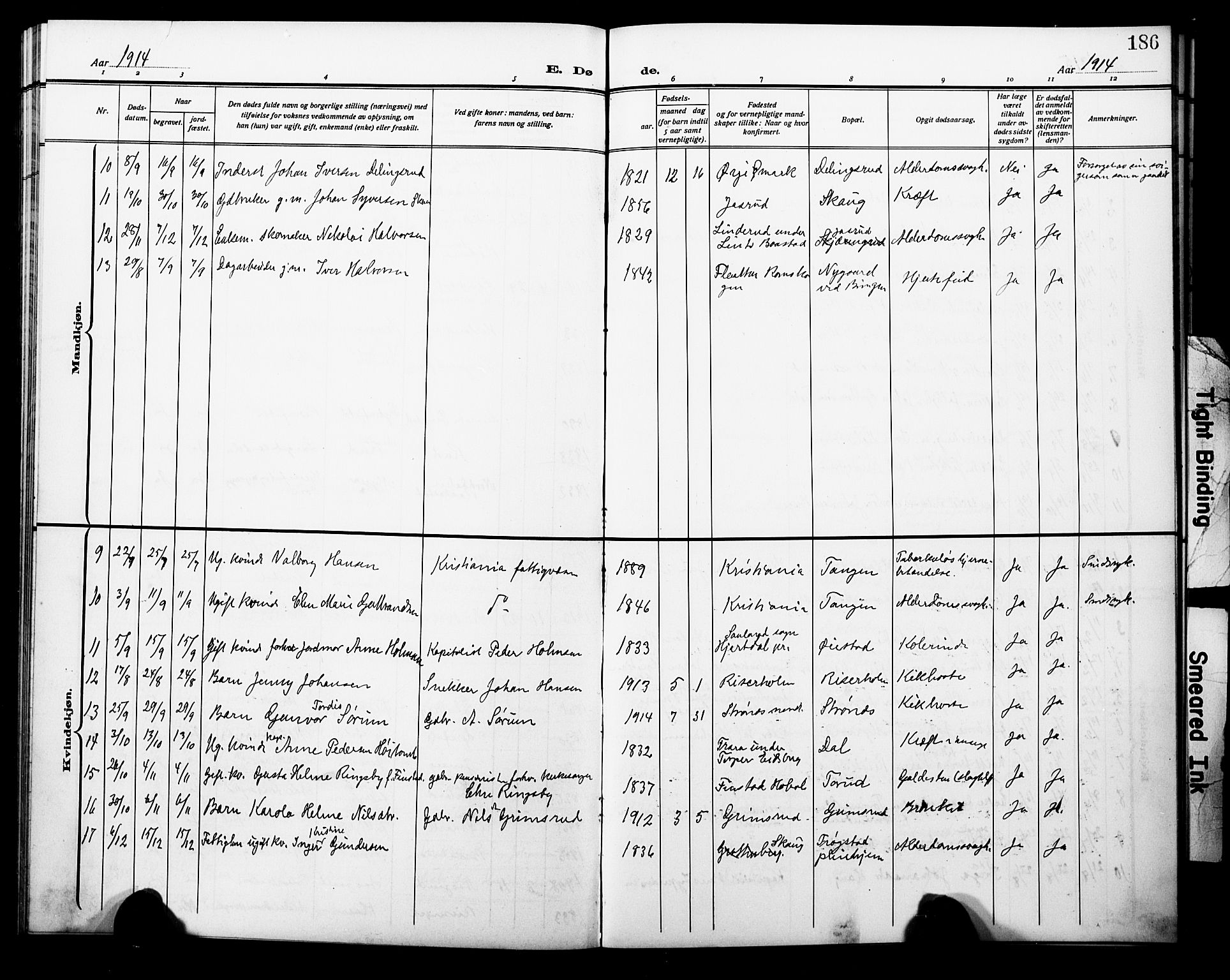 Trøgstad prestekontor Kirkebøker, AV/SAO-A-10925/G/Ga/L0002: Parish register (copy) no. I 2, 1911-1929, p. 186