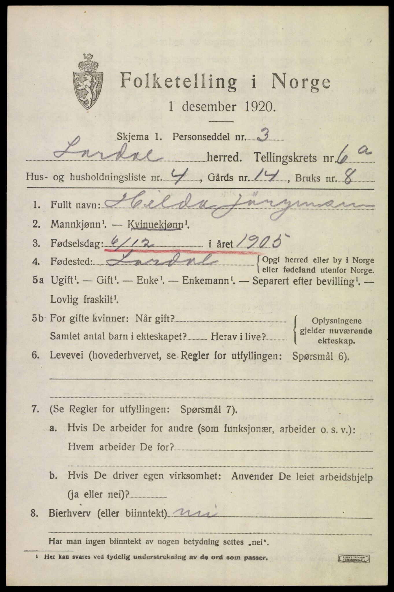 SAKO, 1920 census for Lardal, 1920, p. 5577