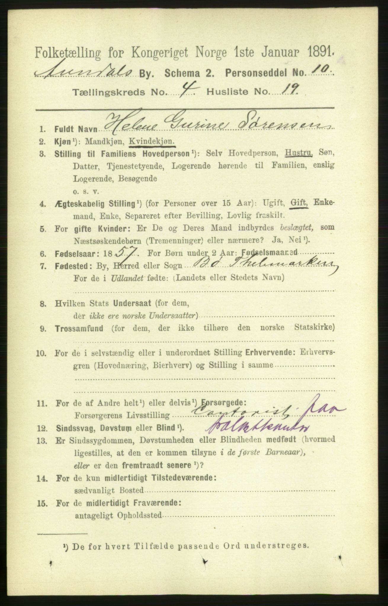 RA, 1891 census for 0903 Arendal, 1891, p. 1780