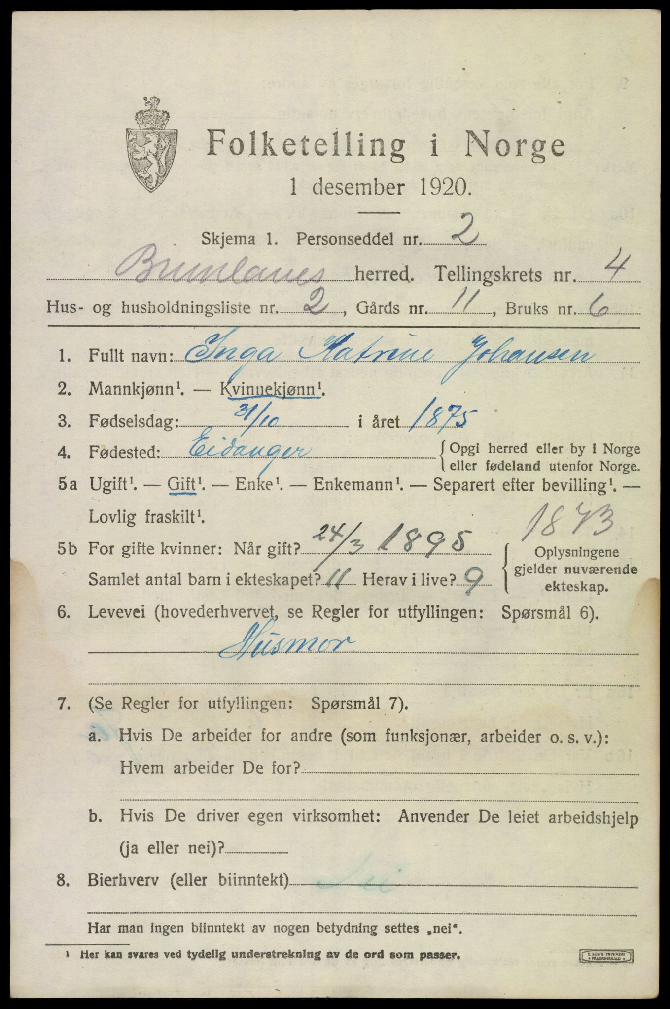 SAKO, 1920 census for Brunlanes, 1920, p. 6127