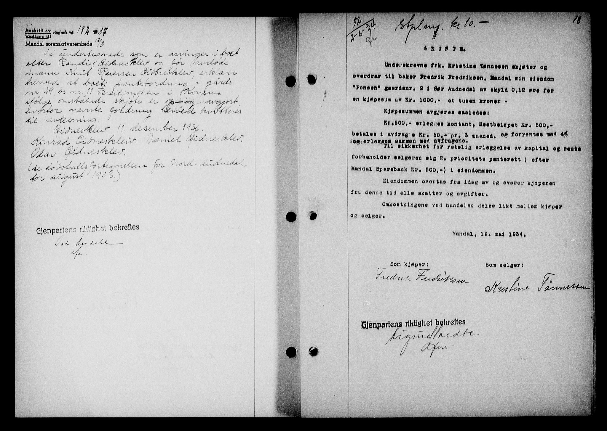 Mandal sorenskriveri, SAK/1221-0005/001/G/Gb/Gba/L0068: Mortgage book no. A-5, 1934-1935, Deed date: 02.06.1934