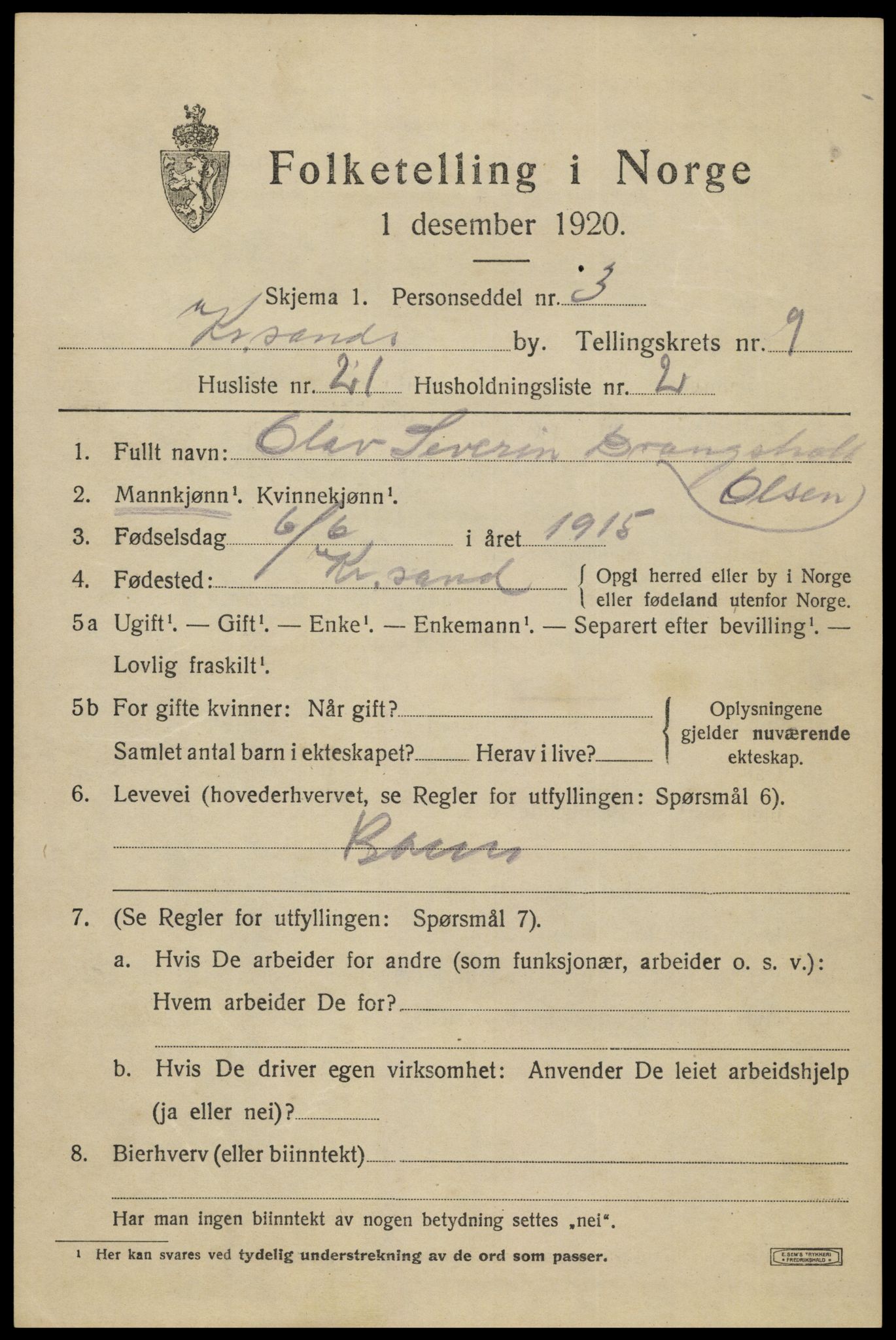 SAK, 1920 census for Kristiansand, 1920, p. 22887