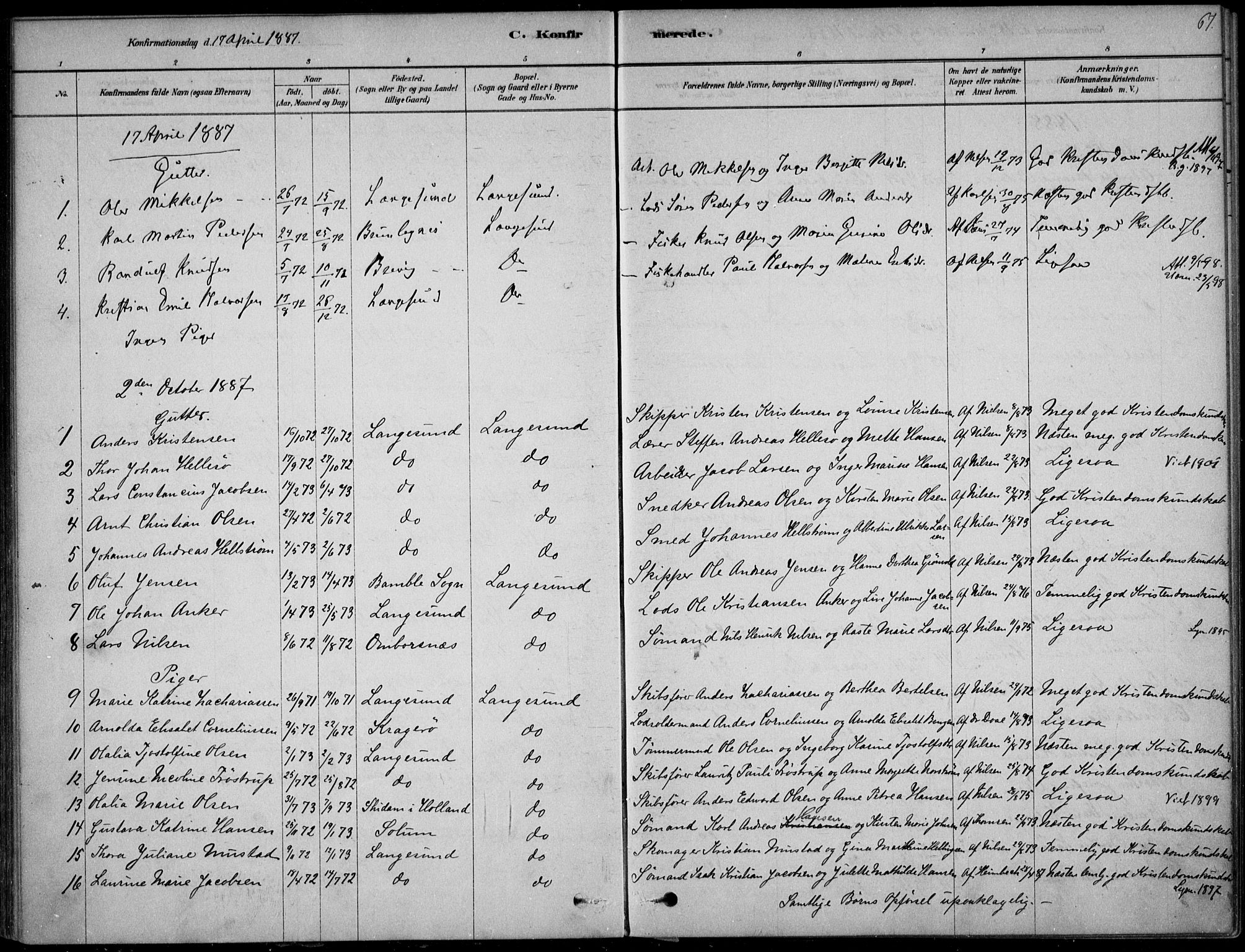 Langesund kirkebøker, AV/SAKO-A-280/F/Fa/L0002: Parish register (official) no. 2, 1878-1892, p. 67
