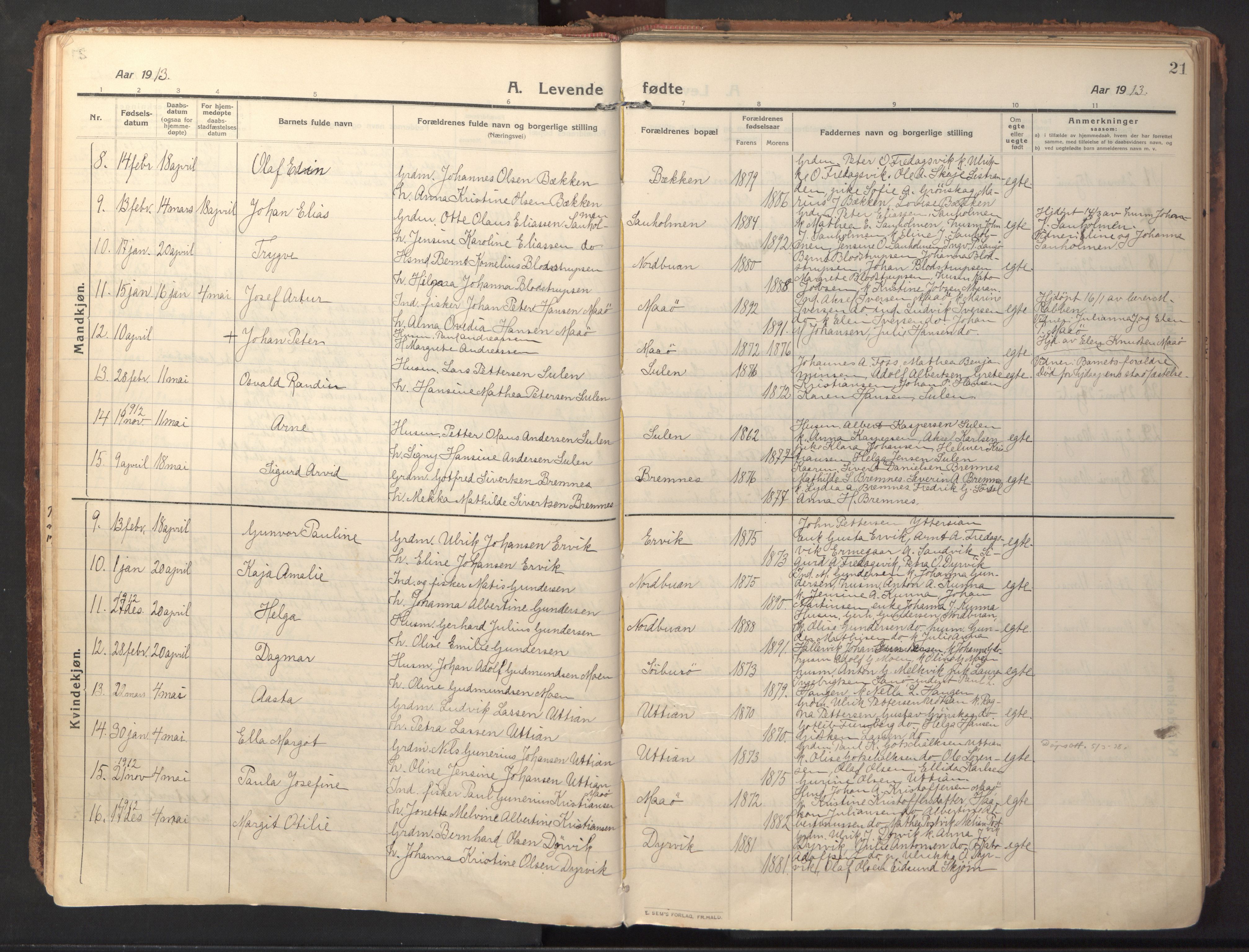 Ministerialprotokoller, klokkerbøker og fødselsregistre - Sør-Trøndelag, SAT/A-1456/640/L0581: Parish register (official) no. 640A06, 1910-1924, p. 21
