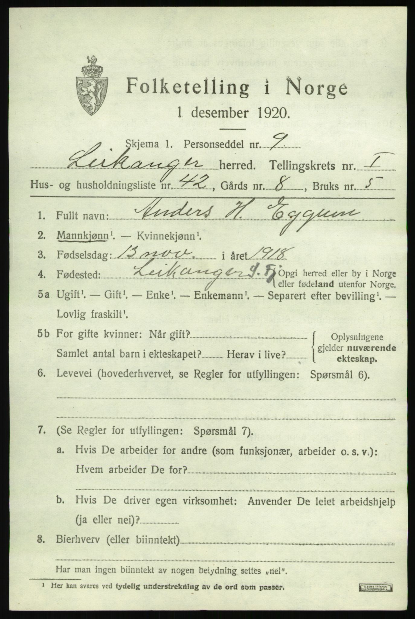 SAB, 1920 census for Leikanger, 1920, p. 1404