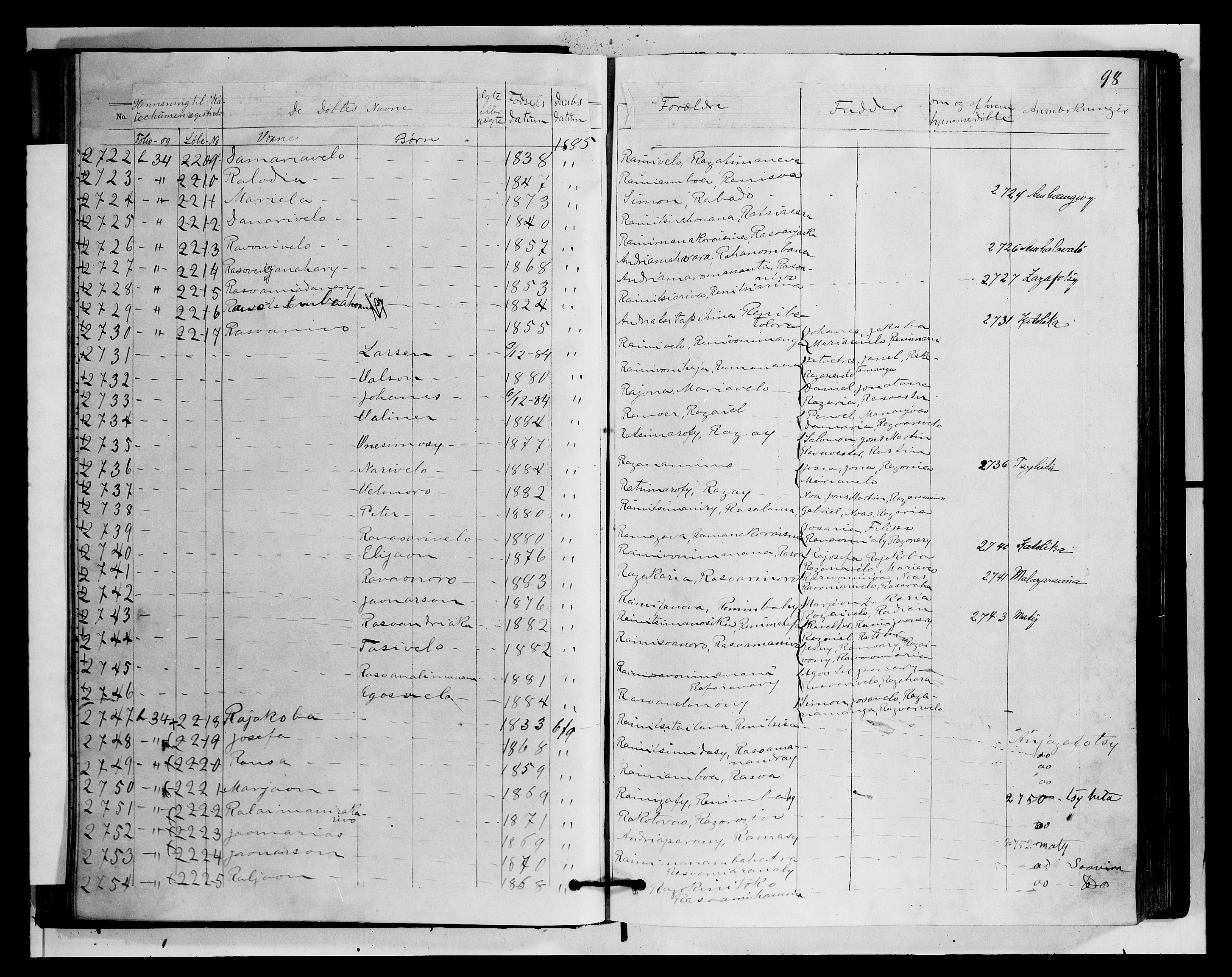 Archives FLM/NMS, Madagaskar, VID/MA-A-1163/D/Db/L0270: Parish register (official) no. 2, 1883-1886, p. 98