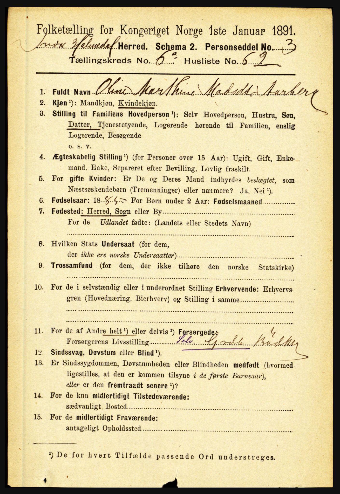 RA, 1891 census for 1430 Indre Holmedal, 1891, p. 2857