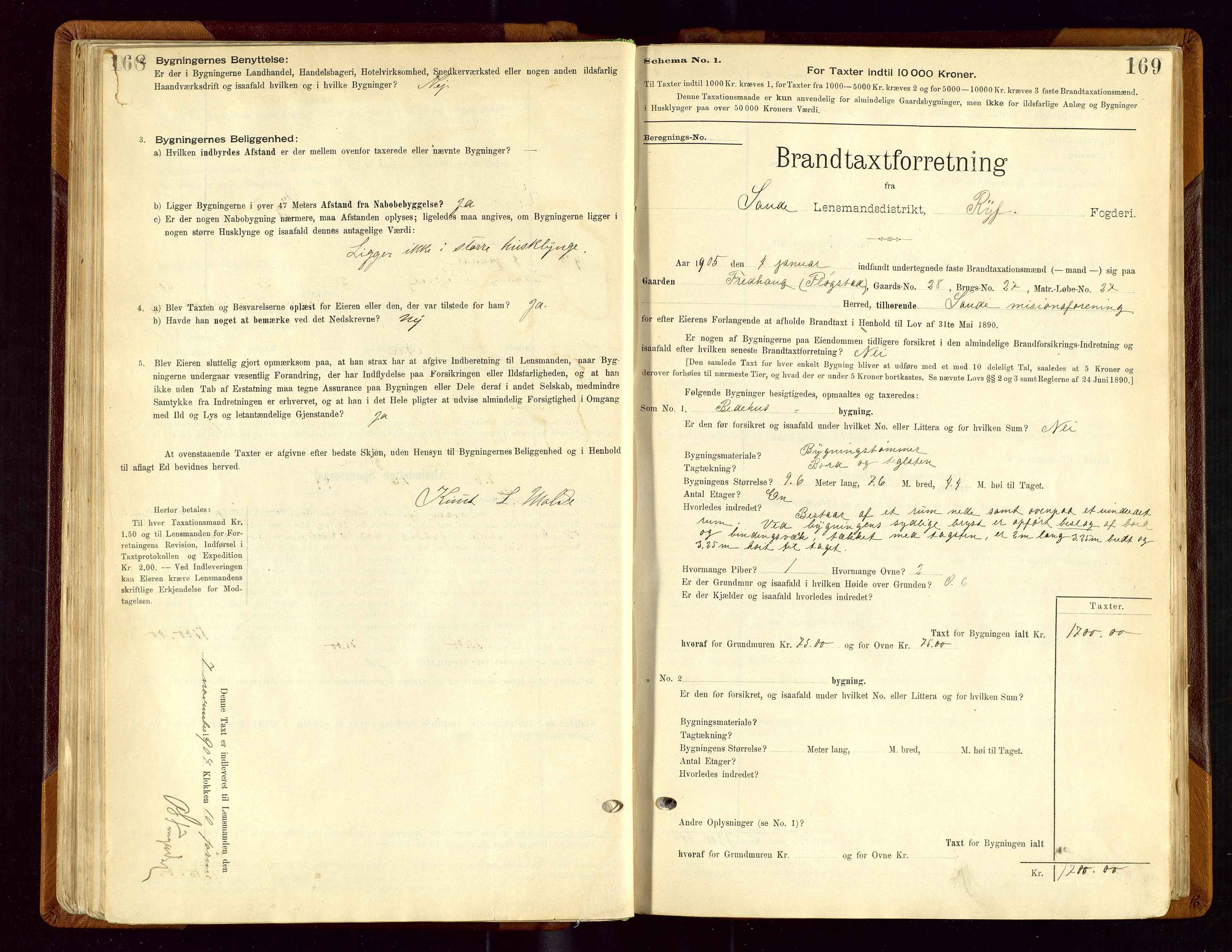 Sauda lensmannskontor, SAST/A-100177/Gob/L0001: Branntakstprotokoll - skjematakst, 1894-1914, p. 168-169