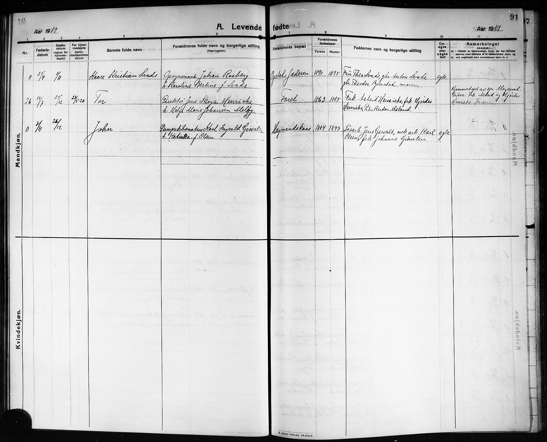 Solum kirkebøker, AV/SAKO-A-306/G/Ga/L0009: Parish register (copy) no. I 9, 1909-1922, p. 91