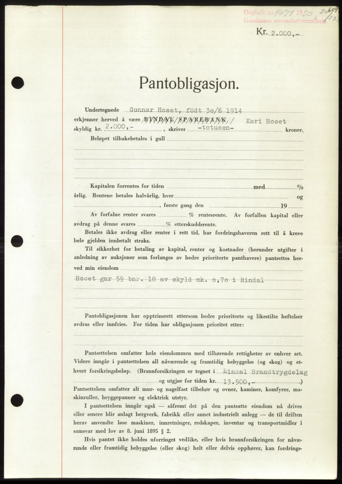 Nordmøre sorenskriveri, AV/SAT-A-4132/1/2/2Ca: Mortgage book no. B106, 1950-1950, Diary no: : 4072/1950