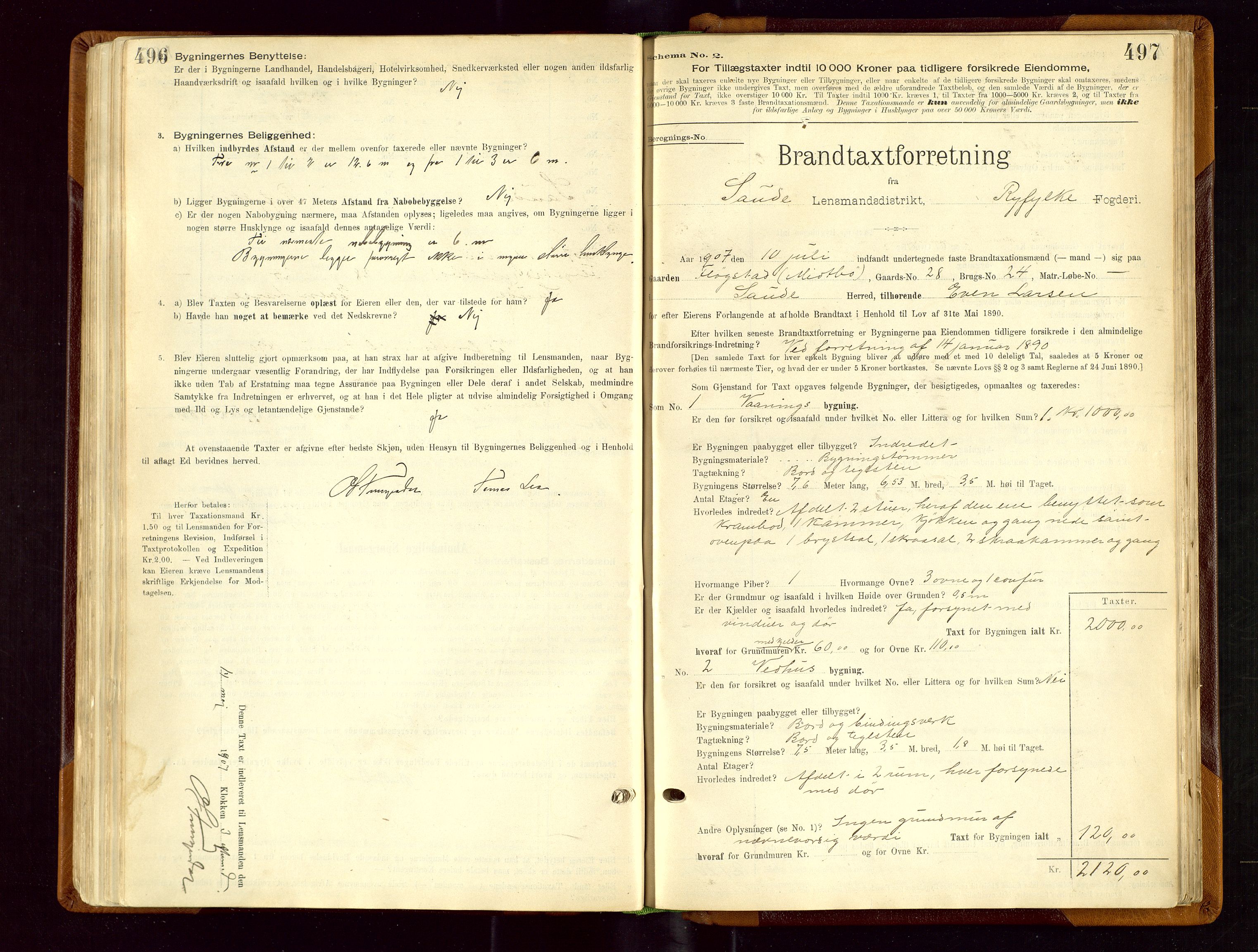 Sauda lensmannskontor, SAST/A-100177/Gob/L0001: Branntakstprotokoll - skjematakst, 1894-1914, p. 496-497