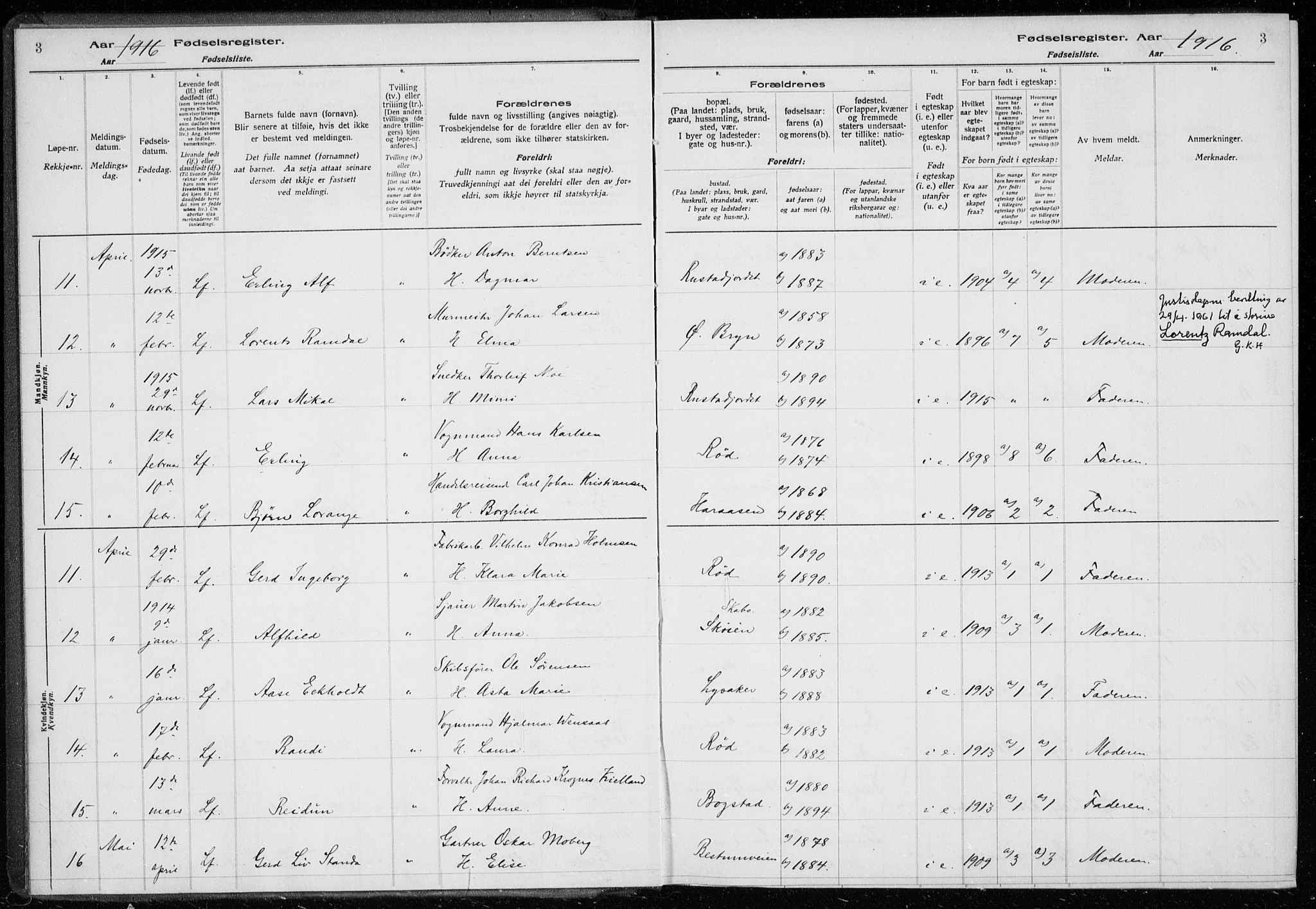 Ullern prestekontor Kirkebøker, SAO/A-10740/J/L0001: Birth register no. 1, 1916-1928, p. 3