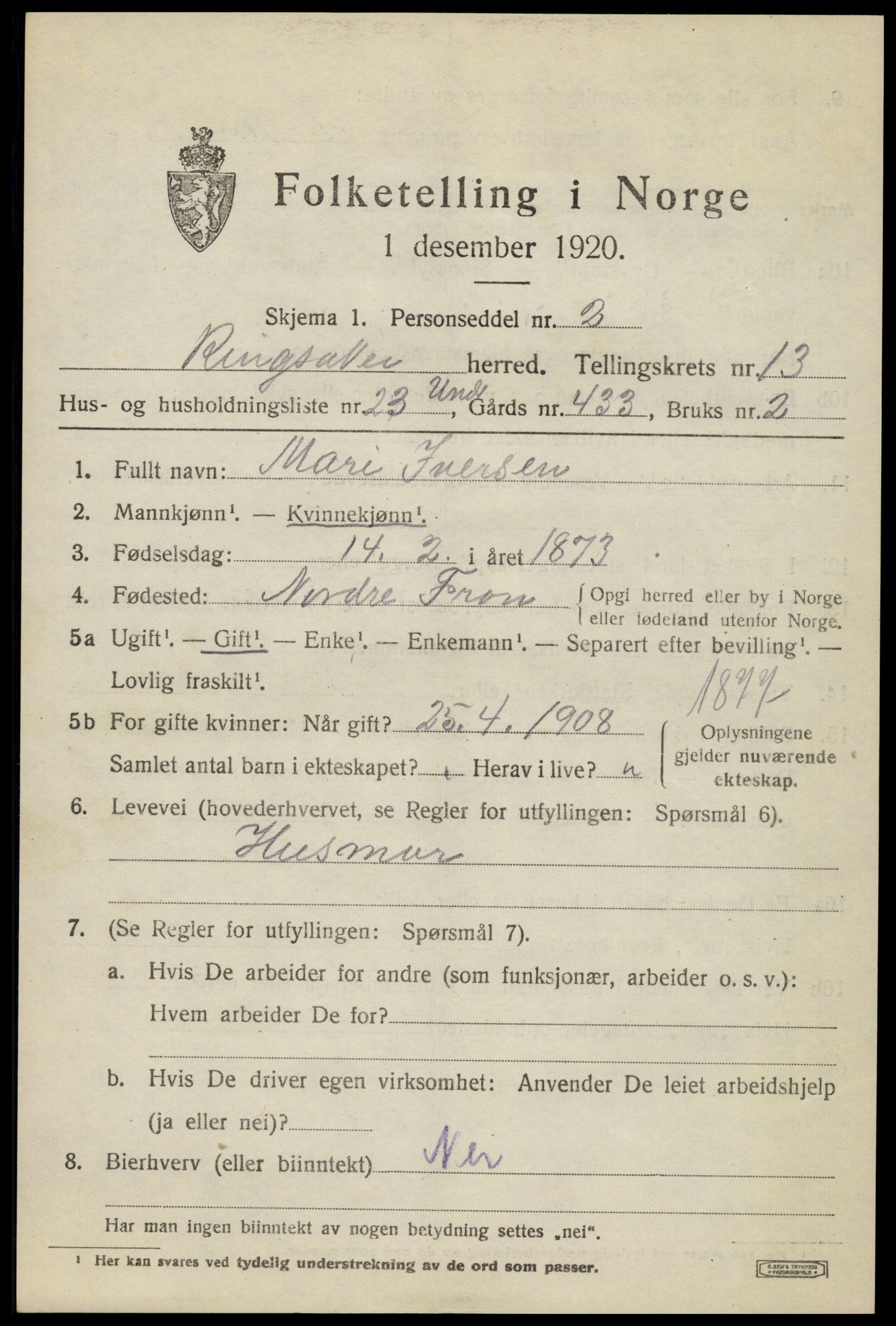 SAH, 1920 census for Ringsaker, 1920, p. 20938