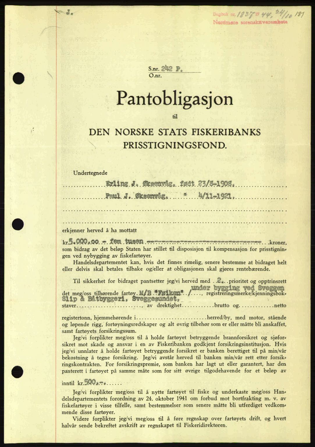 Nordmøre sorenskriveri, AV/SAT-A-4132/1/2/2Ca: Mortgage book no. B92, 1944-1945, Diary no: : 1837/1944