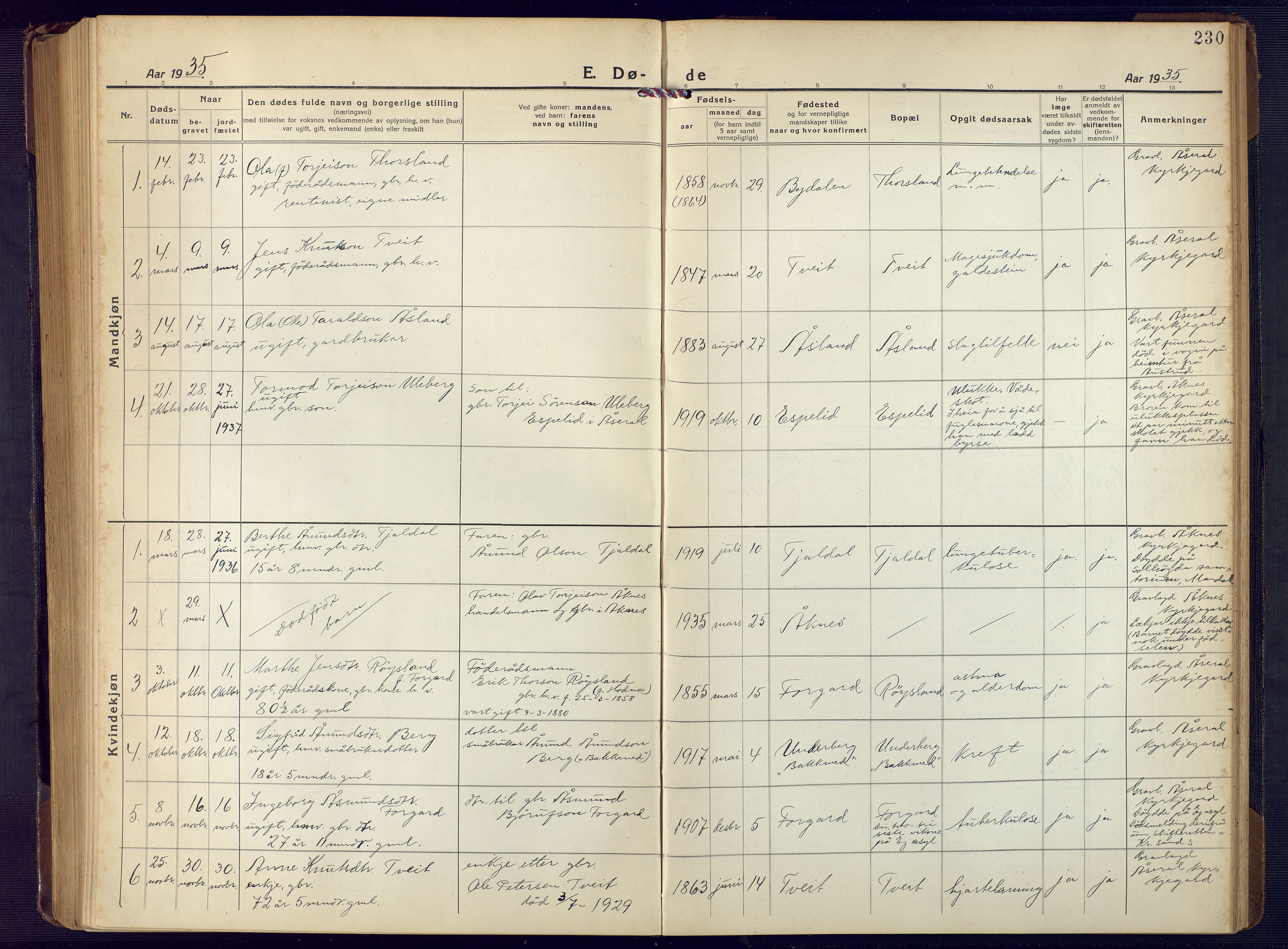 Åseral sokneprestkontor, SAK/1111-0051/F/Fb/L0004: Parish register (copy) no. B 4, 1920-1946, p. 230