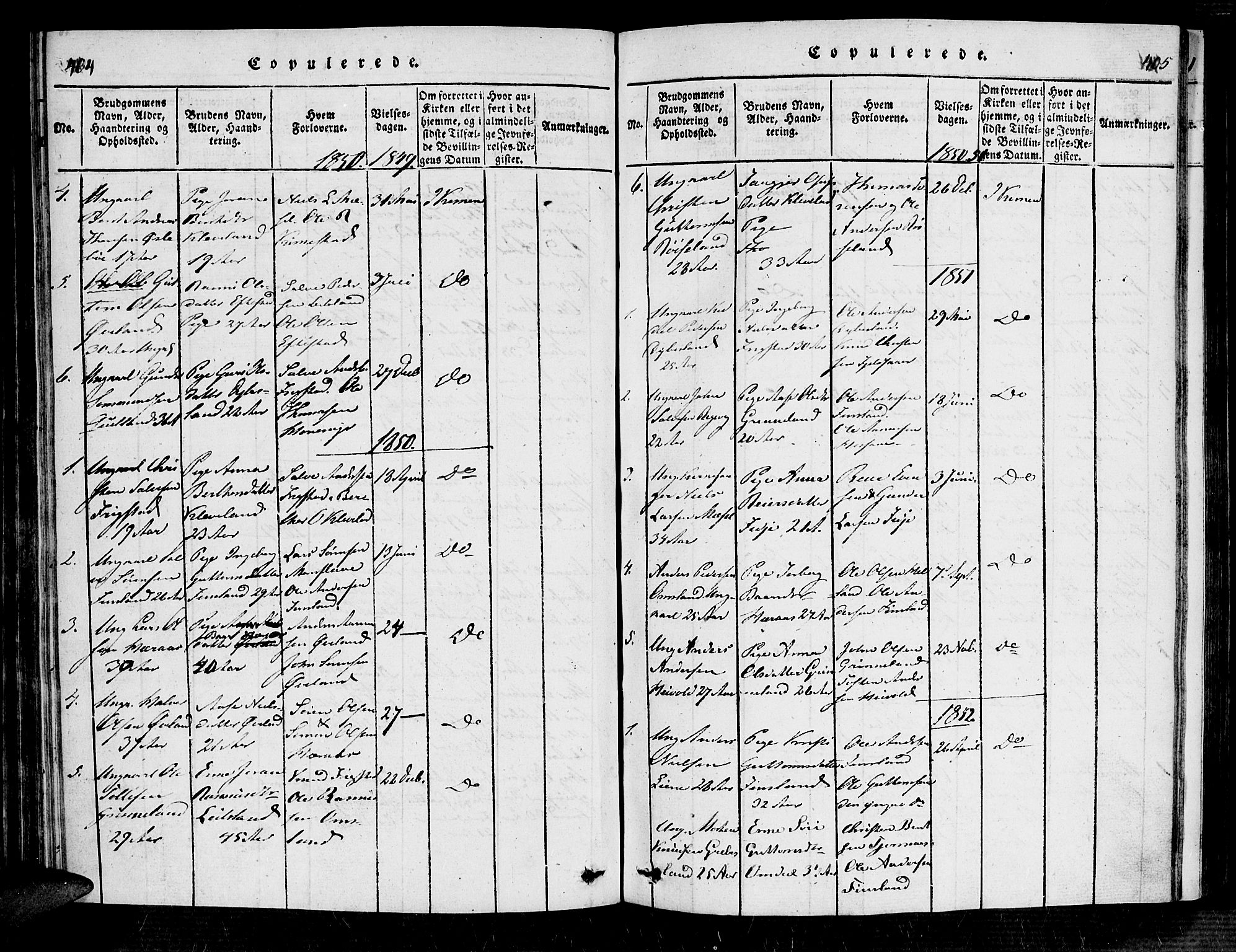 Bjelland sokneprestkontor, AV/SAK-1111-0005/F/Fa/Fab/L0002: Parish register (official) no. A 2, 1816-1869, p. 404-405