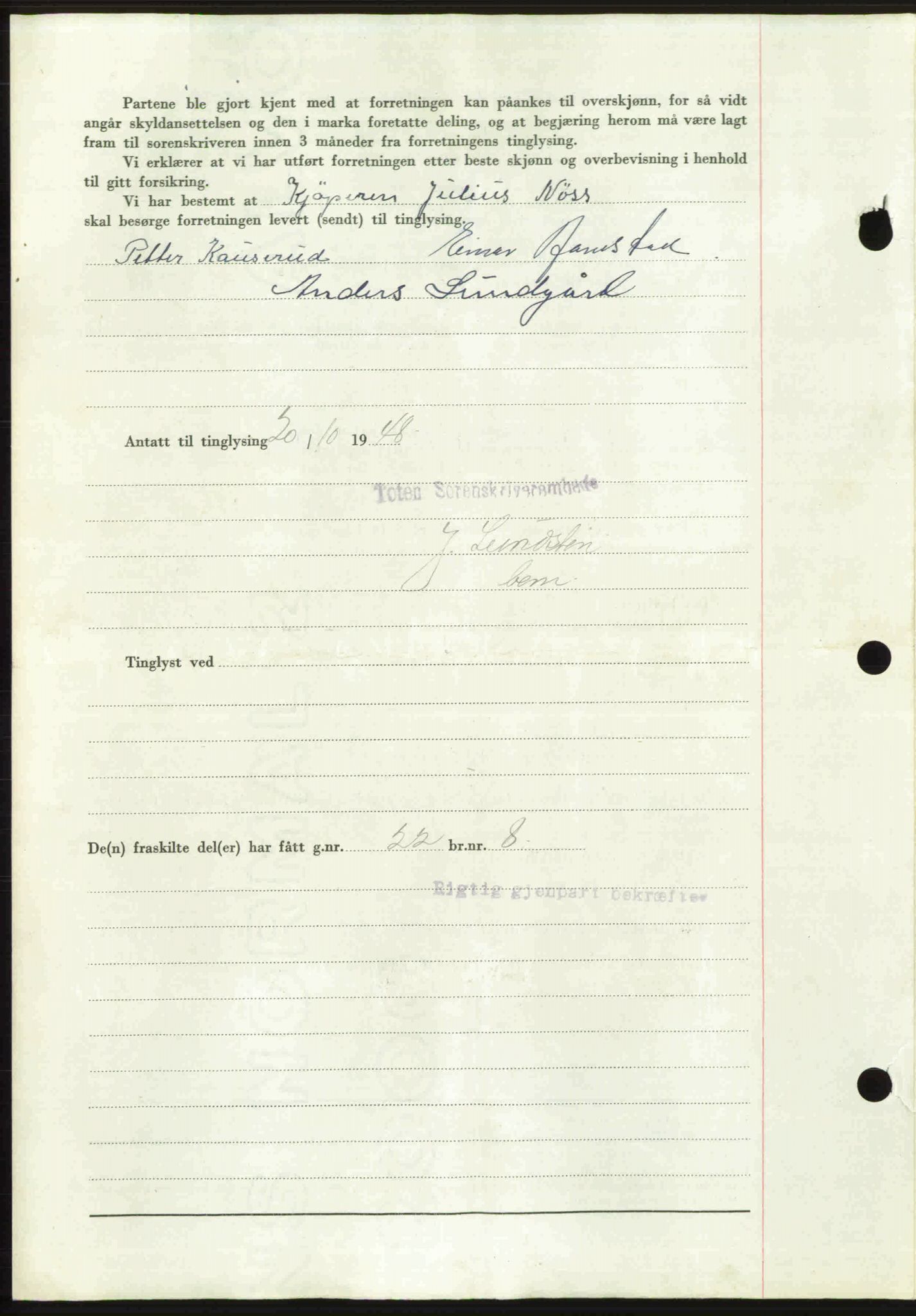 Toten tingrett, SAH/TING-006/H/Hb/Hbc/L0020: Mortgage book no. Hbc-20, 1948-1948, Diary no: : 3405/1948