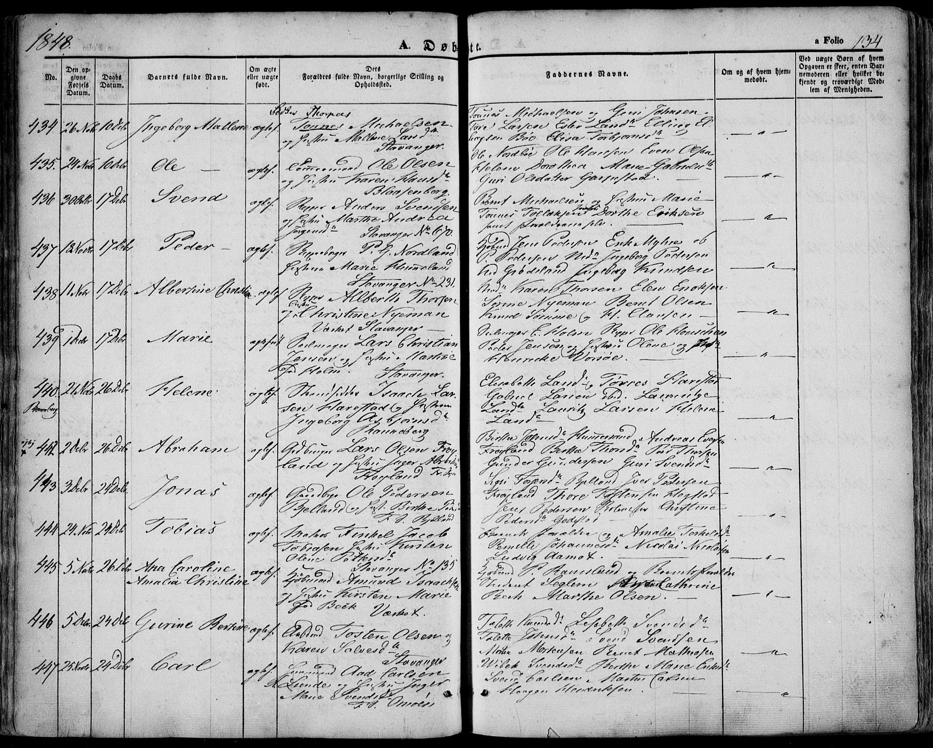 Domkirken sokneprestkontor, SAST/A-101812/001/30/30BA/L0016: Parish register (official) no. A 15, 1844-1854, p. 134