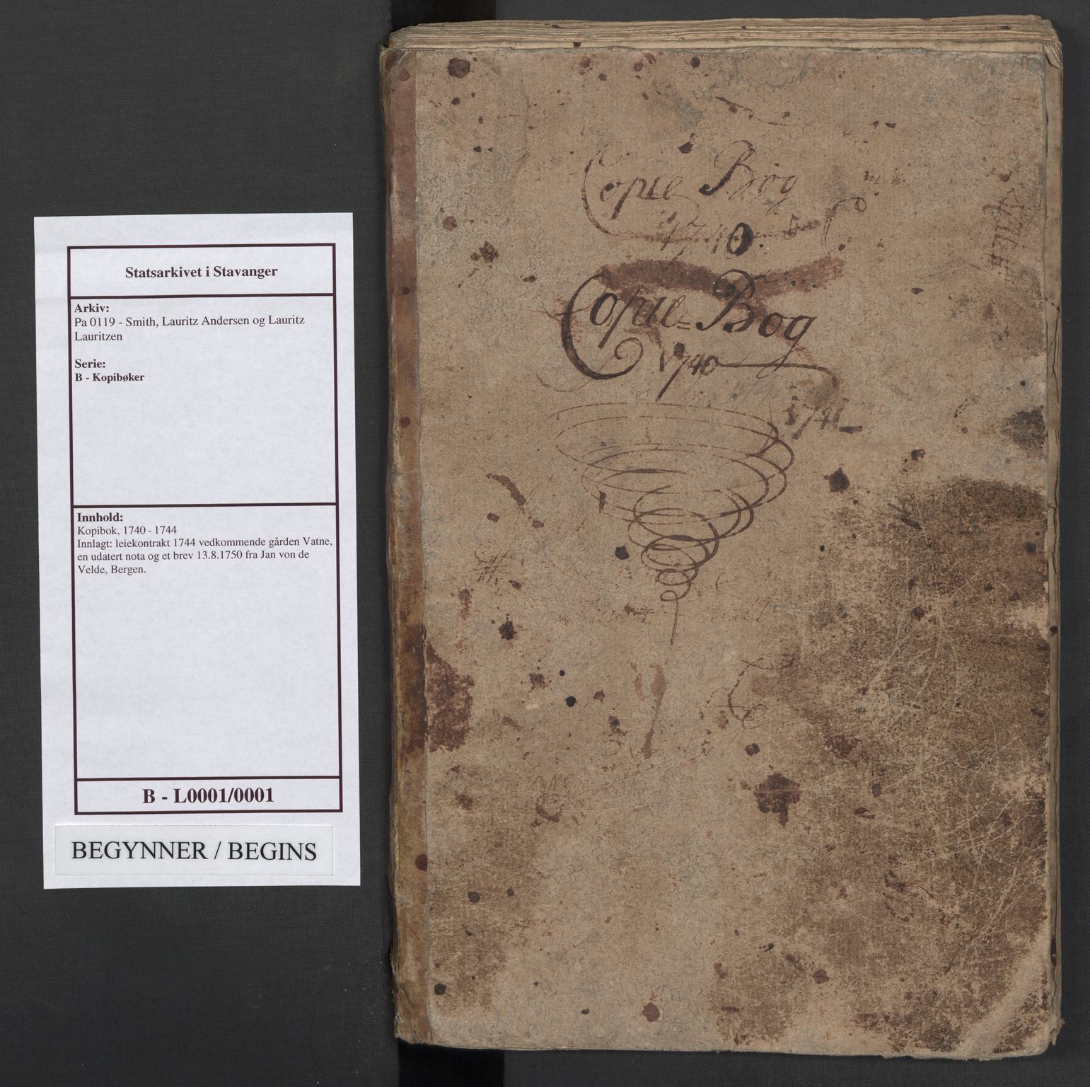 Pa 0119 - Smith, Lauritz Andersen og Lauritz Lauritzen, SAST/A-100231/O/L0001: Kopibøker m.m., 1740-1745, p. 1