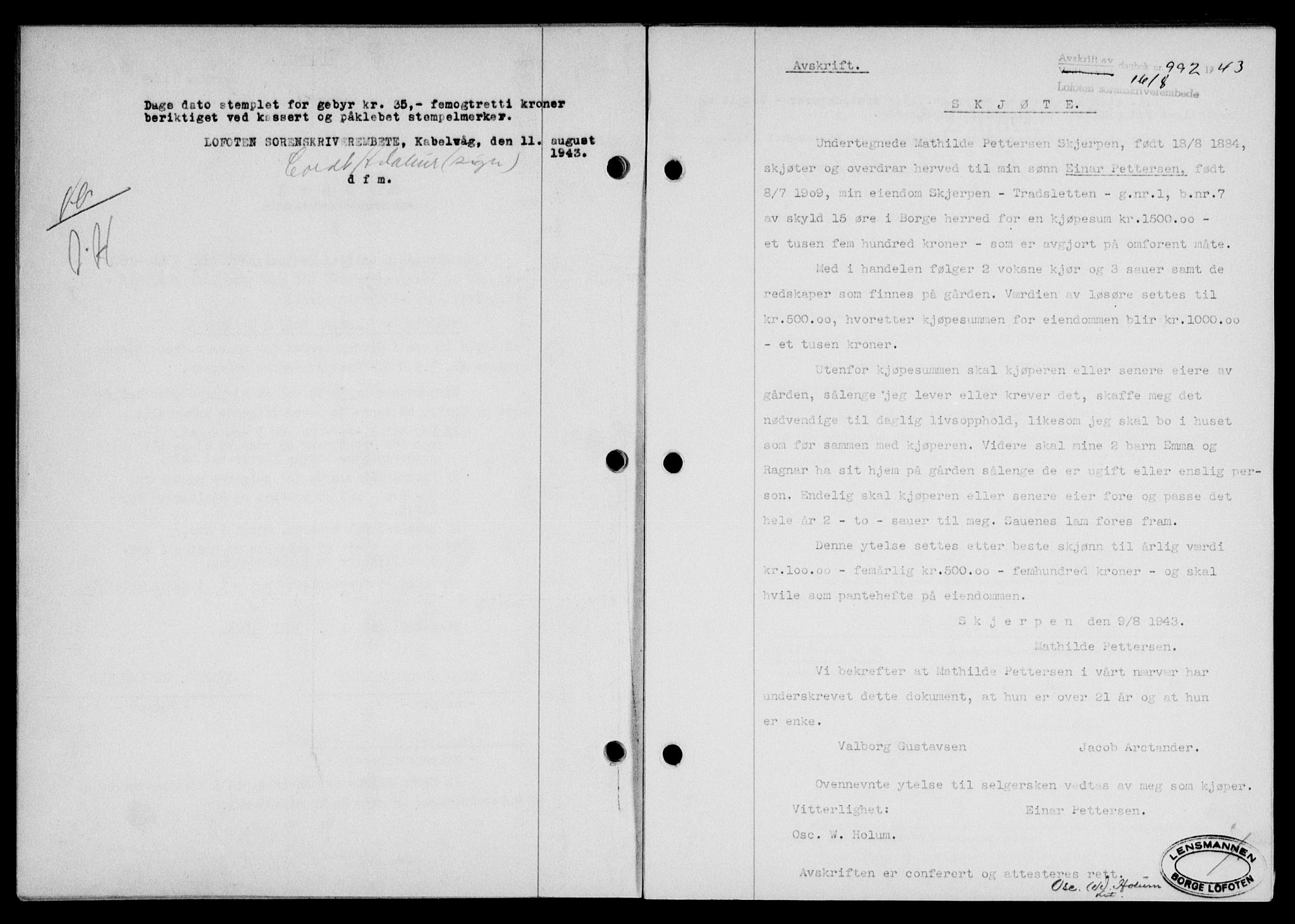 Lofoten sorenskriveri, SAT/A-0017/1/2/2C/L0011a: Mortgage book no. 11a, 1943-1943, Diary no: : 992/1943