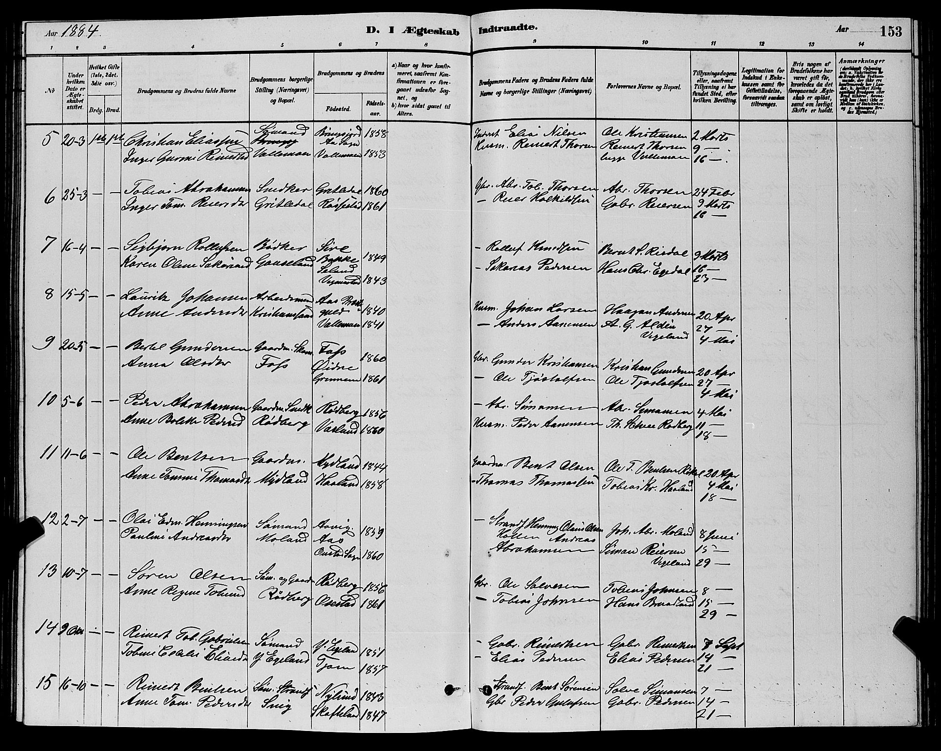 Sør-Audnedal sokneprestkontor, AV/SAK-1111-0039/F/Fb/Fbb/L0005: Parish register (copy) no. B 5, 1880-1892, p. 153