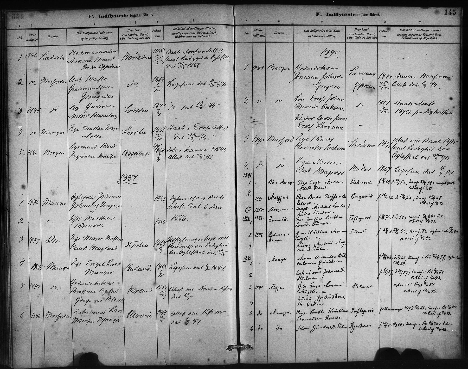 Lindås Sokneprestembete, SAB/A-76701/H/Haa: Parish register (official) no. C 1, 1886-1896, p. 145