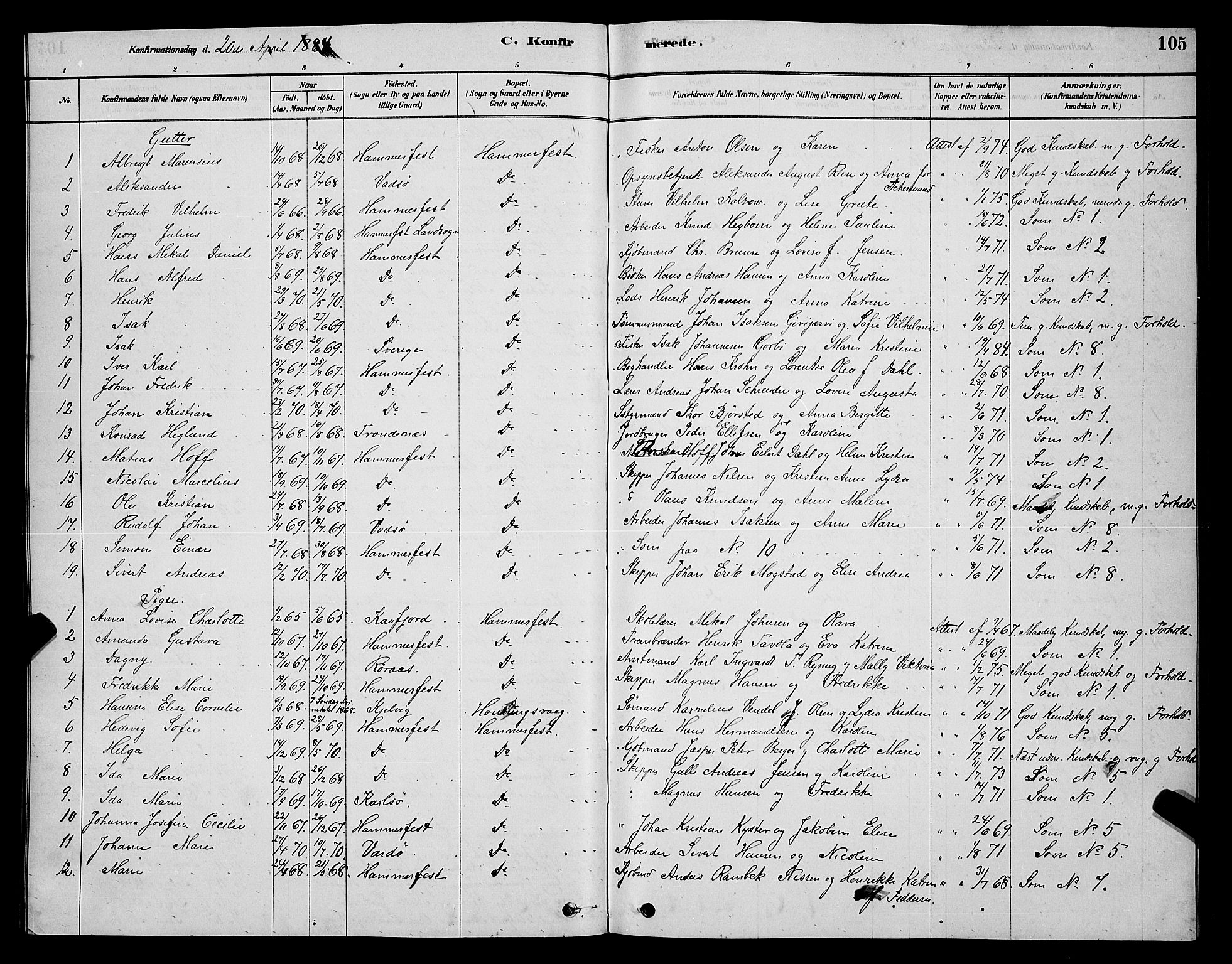 Hammerfest sokneprestkontor, SATØ/S-1347/H/Hb/L0006.klokk: Parish register (copy) no. 6, 1876-1884, p. 105