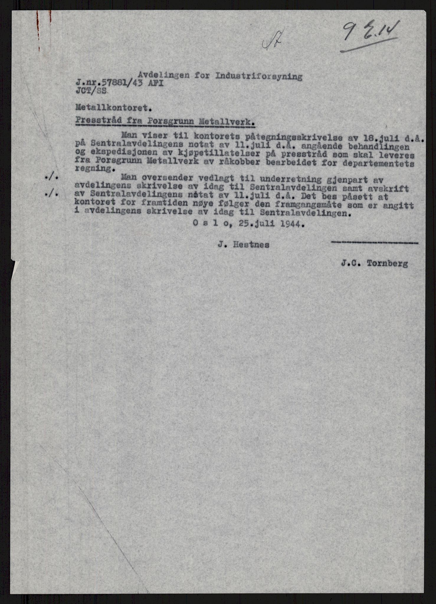 Direktoratet for industriforsyning, Sekretariatet, RA/S-4153/D/Df/L0056: 9. Metallkontoret, 1940-1945, p. 976