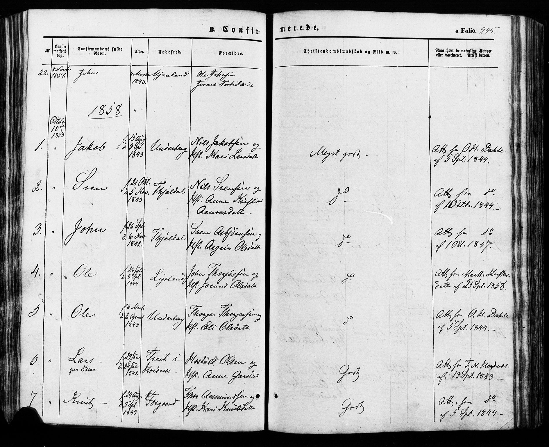 Åseral sokneprestkontor, SAK/1111-0051/F/Fa/L0002: Parish register (official) no. A 2, 1854-1884, p. 245